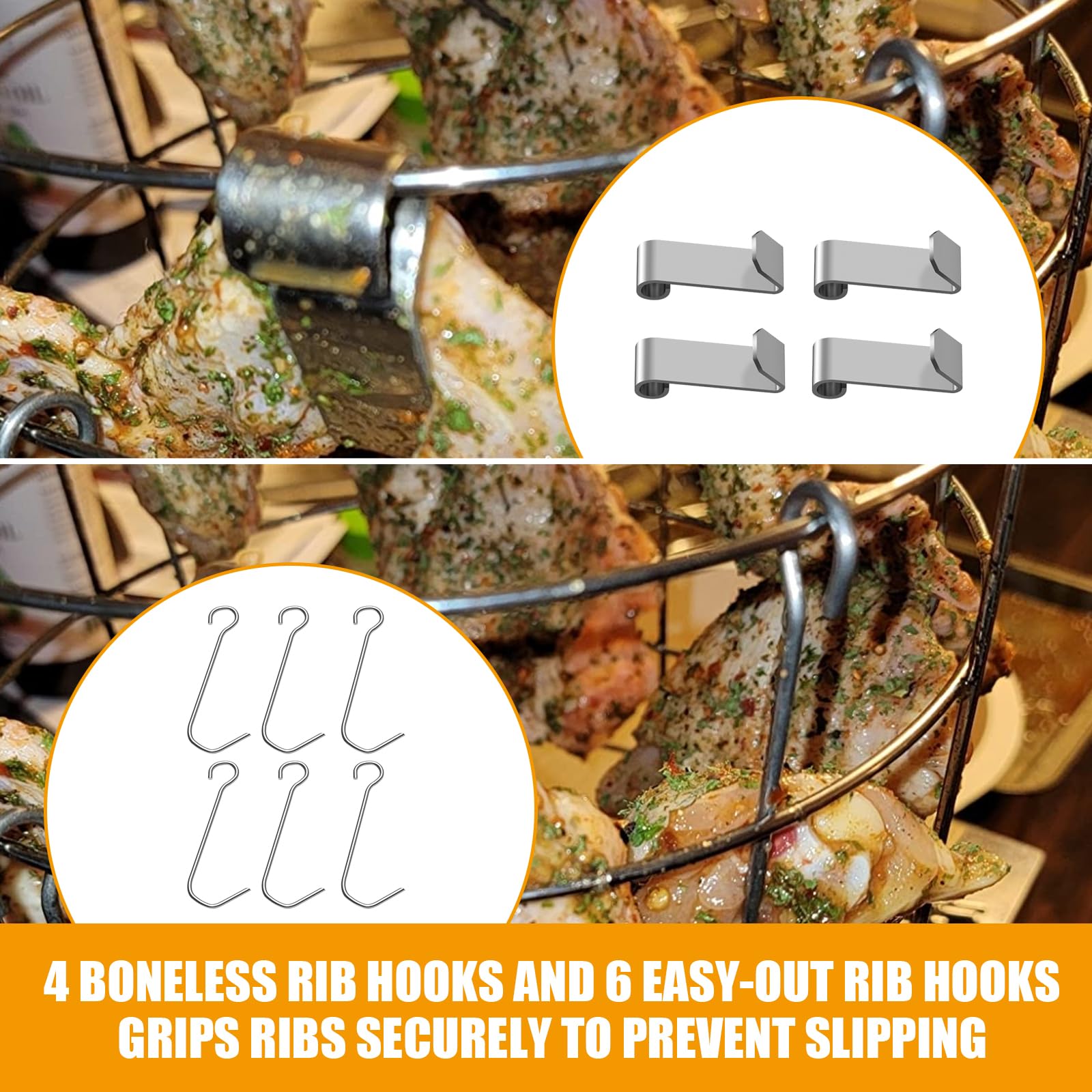 BBQ-PLUS rib hooks detail demonstrating secure hold and easy removal