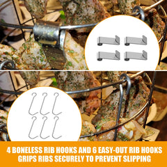 BBQ-PLUS rib hooks detail demonstrating secure hold and easy removal