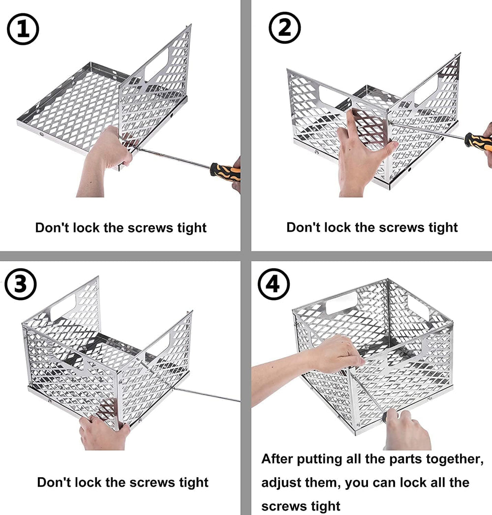 BBQ-PLUS basket next to grill tools showing 12x12x7.5 inch size and practical scale