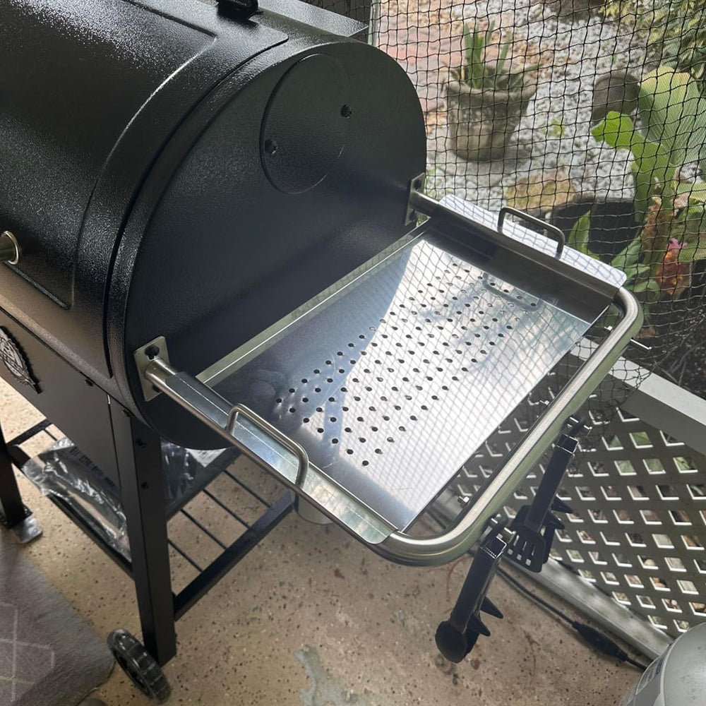 BBQ-PLUS shelf next to ruler showing 19.41×10.24 inch size for fit confirmation