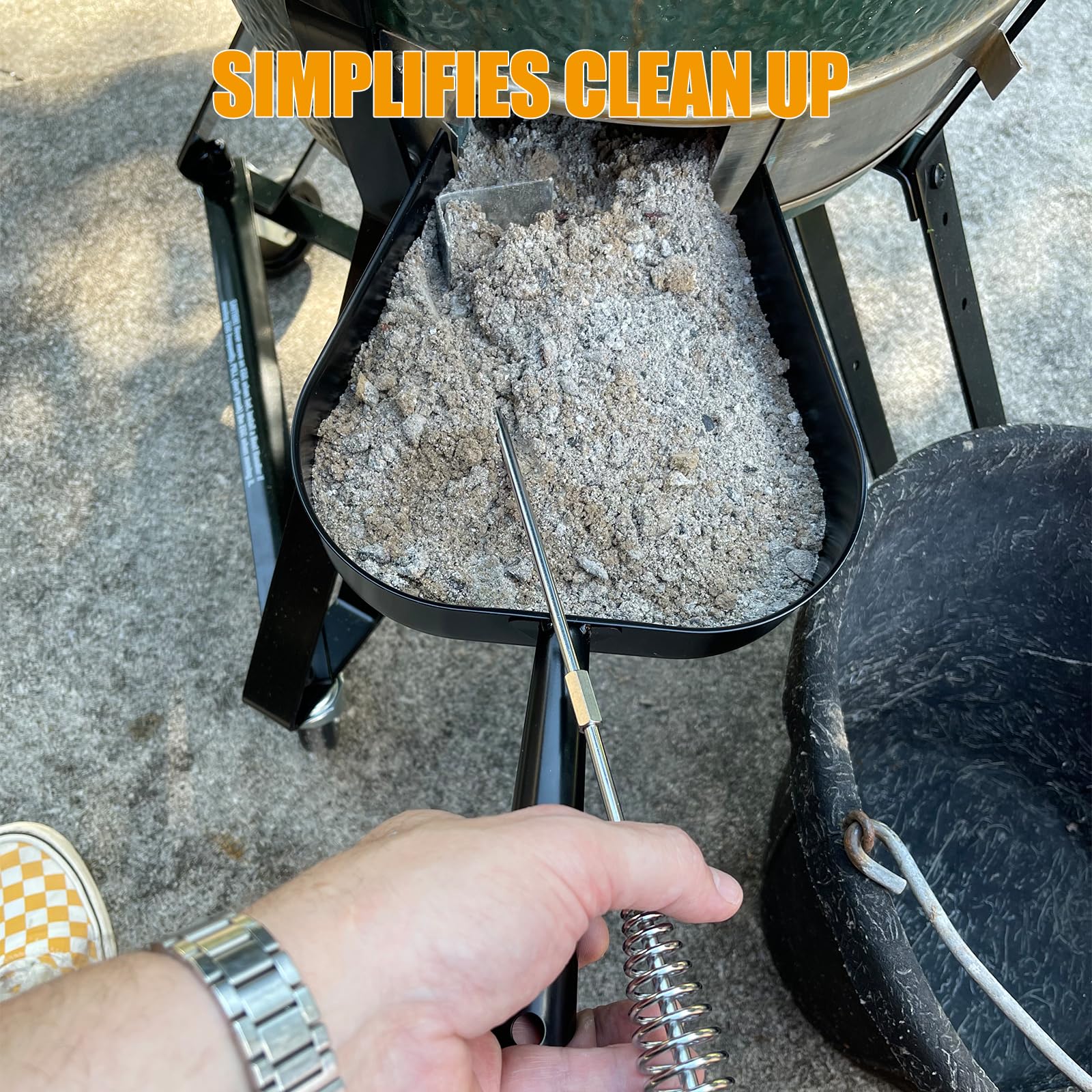BBQ-PLUS ash tool poker and pan in kamado grill demonstrating safe ash removal