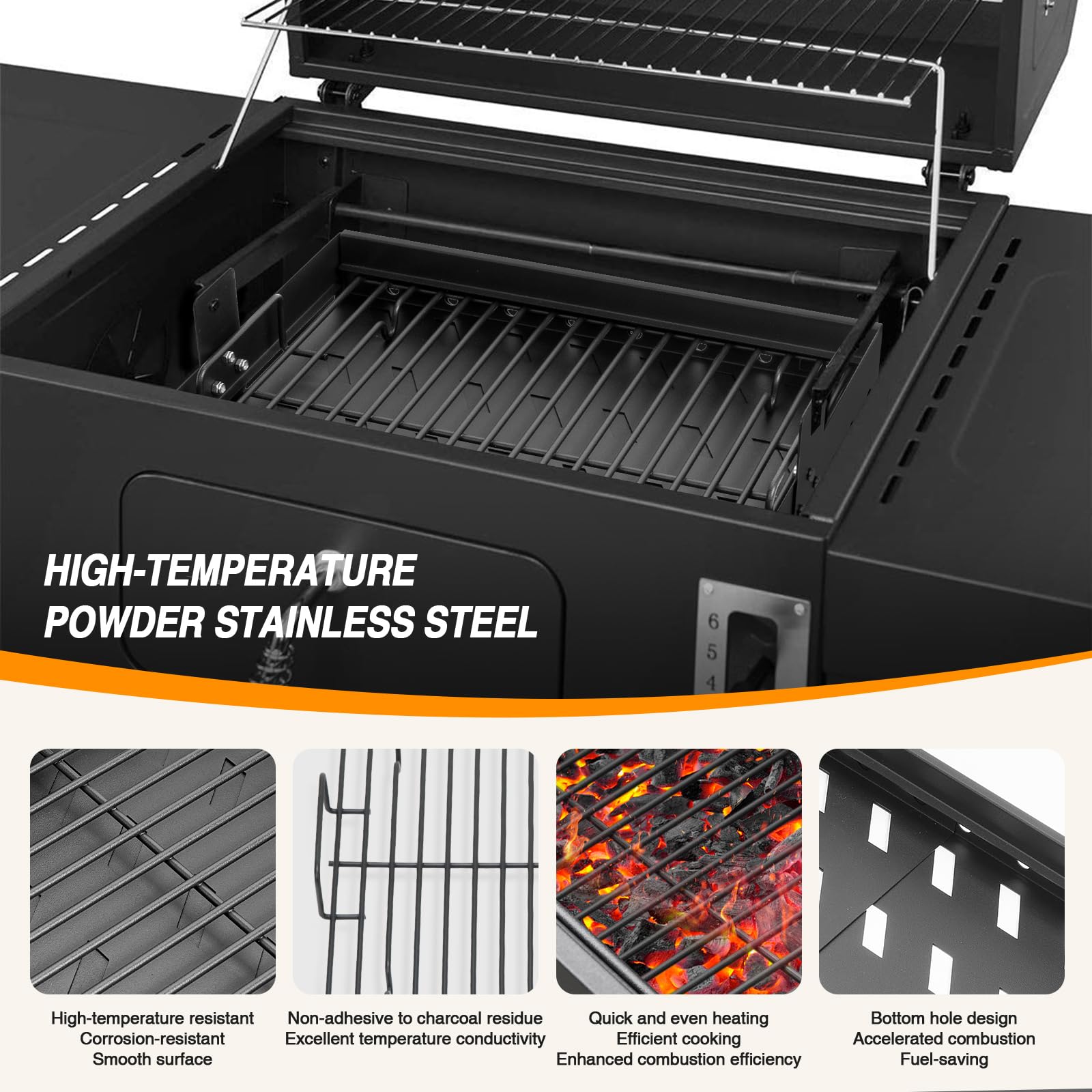 BBQ-Yummy close-up of vents and rack rods improving airflow for even charcoal burn