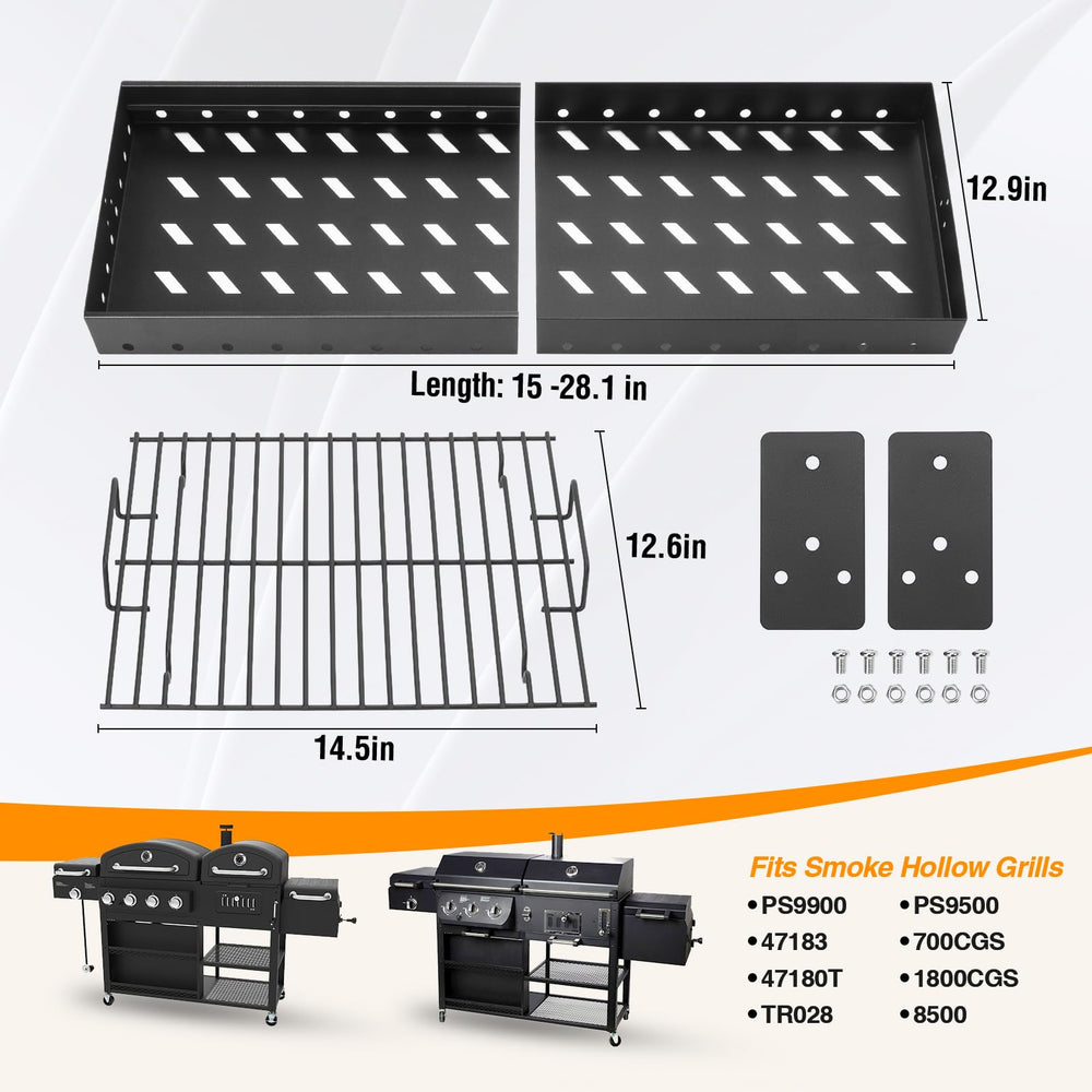 BBQ-Yummy charcoal tray fully extended to 28.1 inches for larger grill coverage