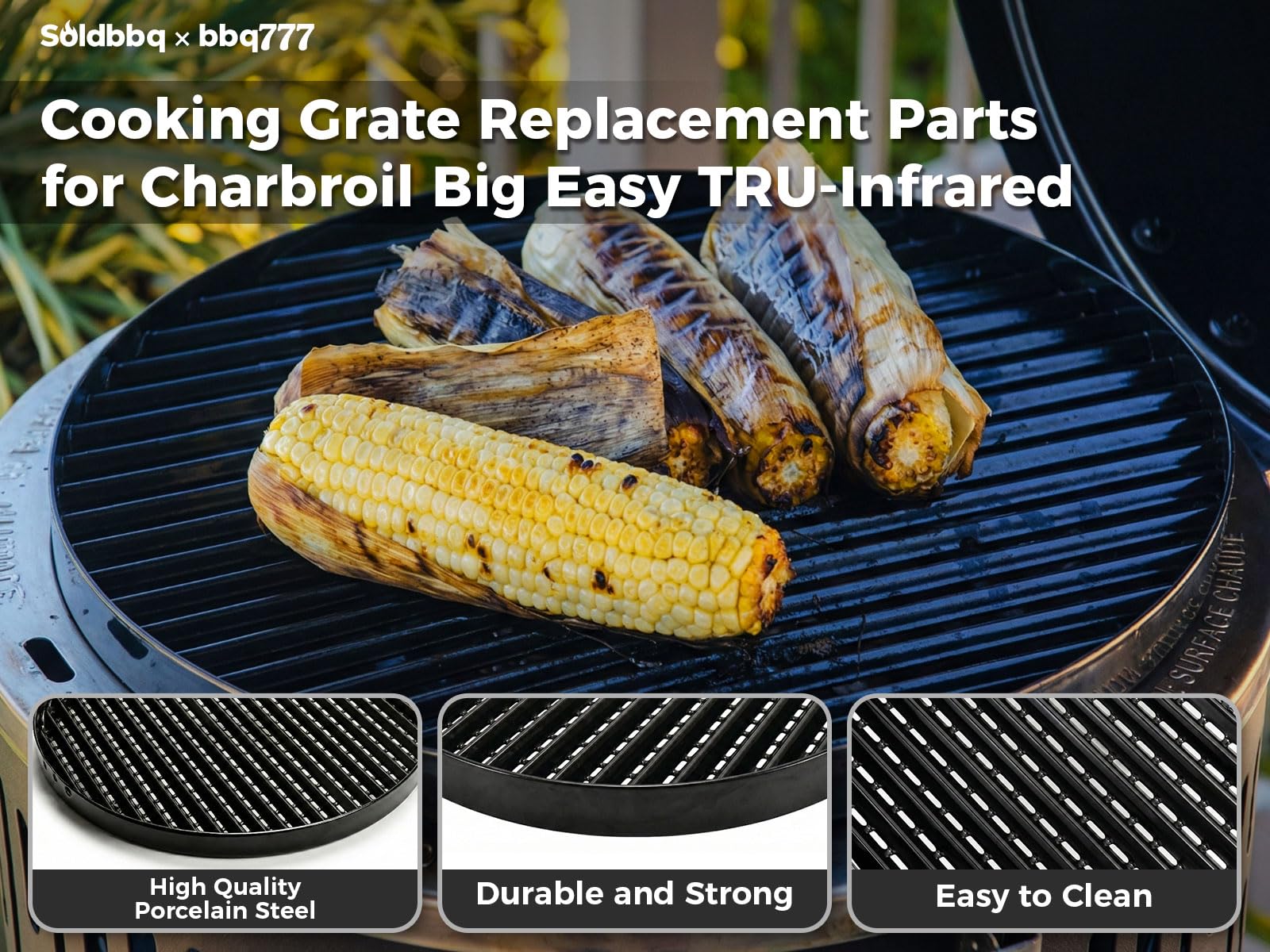 bbq777 grate beside ruler showing 15 1/4 inch diameter for correct sizing