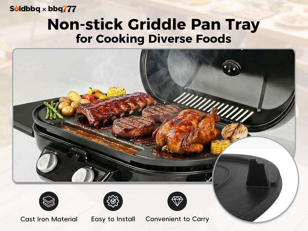 bbq777 griddle next to utensils showing scale and the 26 x 13 inch cooking area