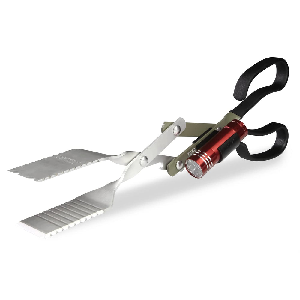 BBQCroc front view showing full 15-inch tool and clip-on flashlight for visibility