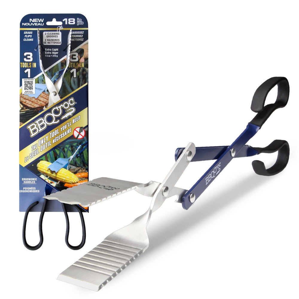 BBQCroc front view showing blue 3-in-1 tool and compact design benefit