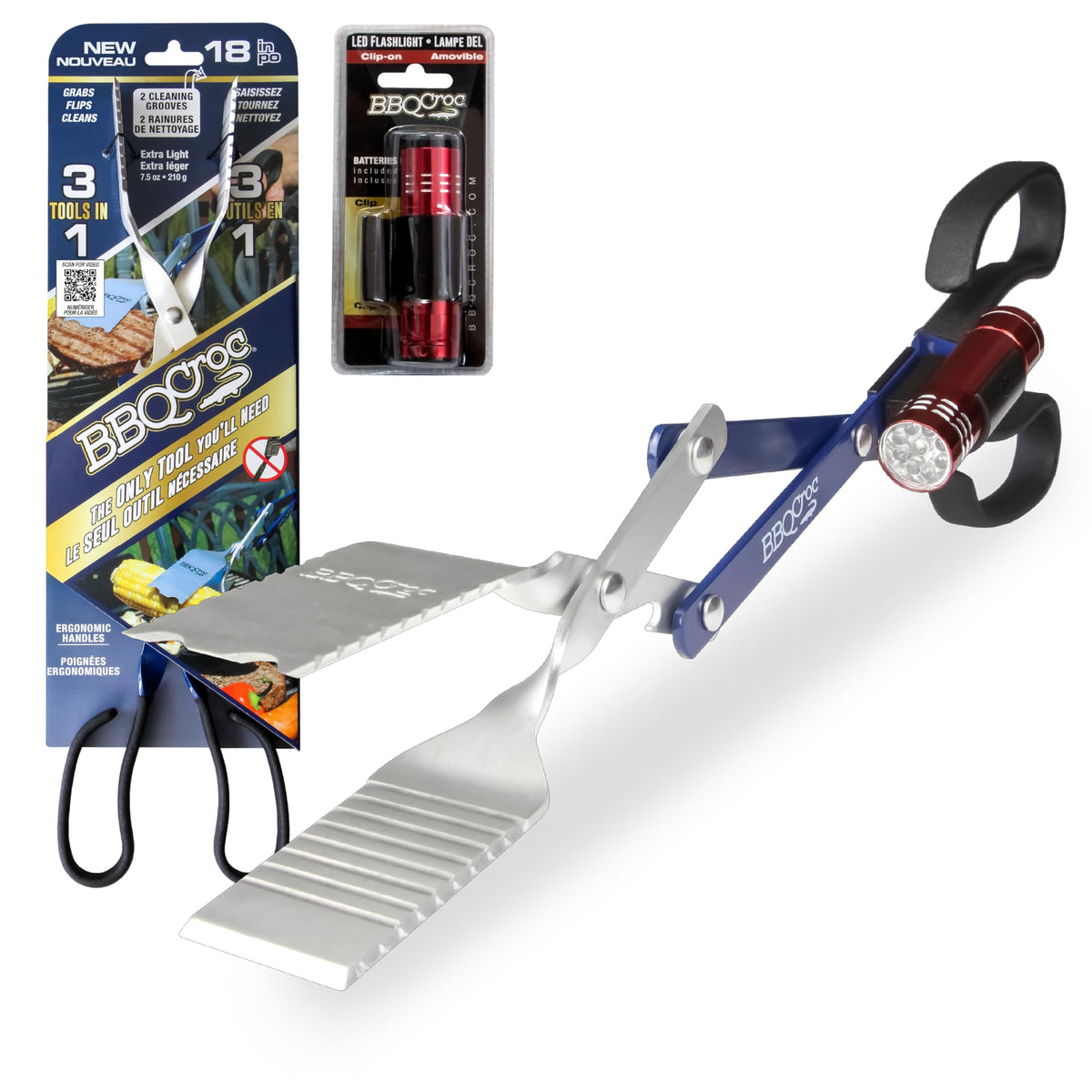 BBQCroc front view showing full 18-inch tool and blue accents, ease of reach