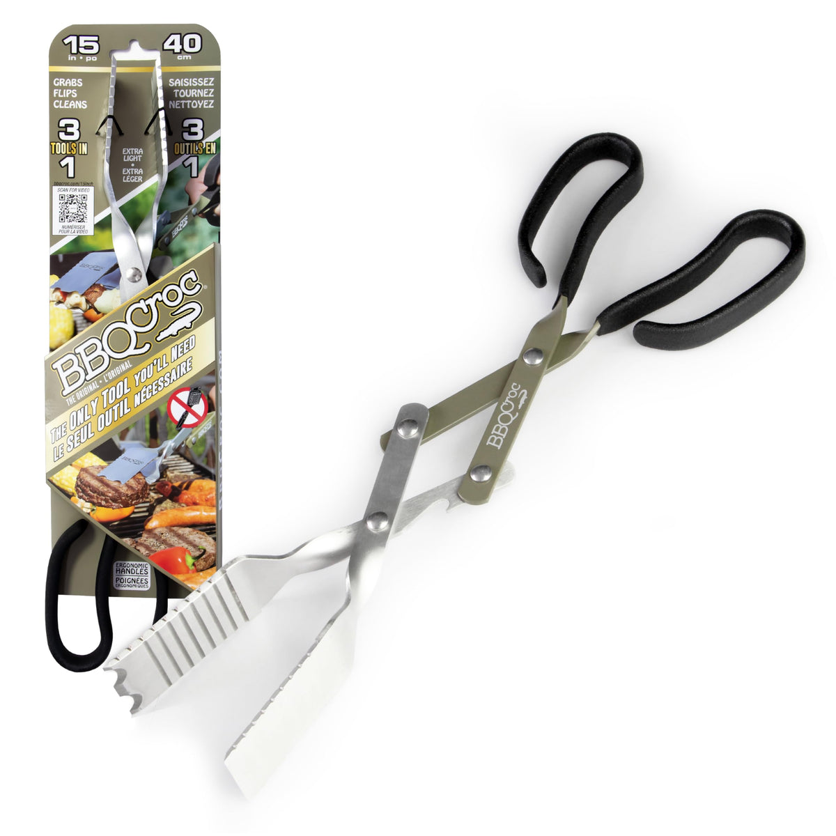 BBQCroc front view showing green 3-in-1 tool for versatile grilling
