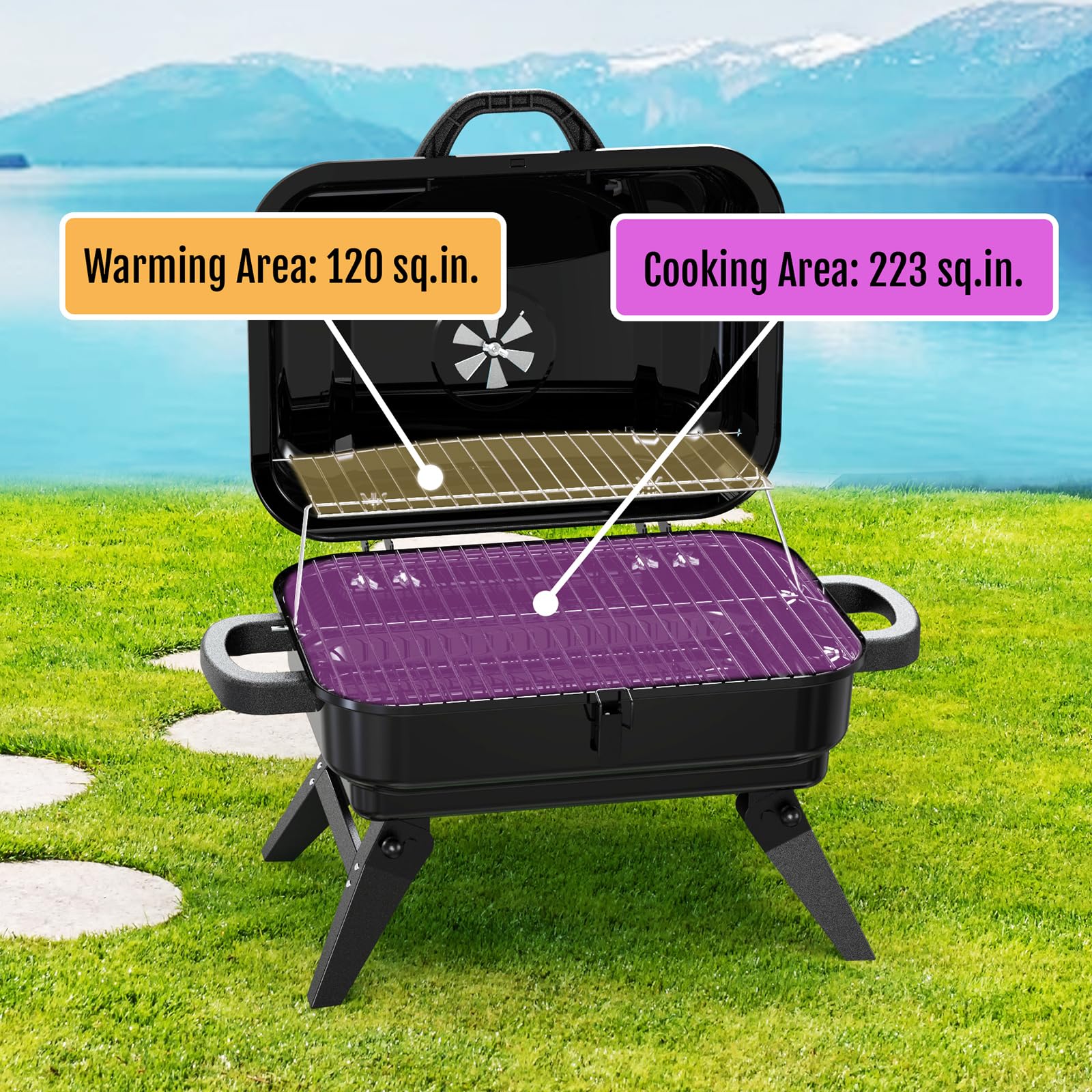 BBQCuker close-up of the 120 sq. in. warming rack keeping food hot