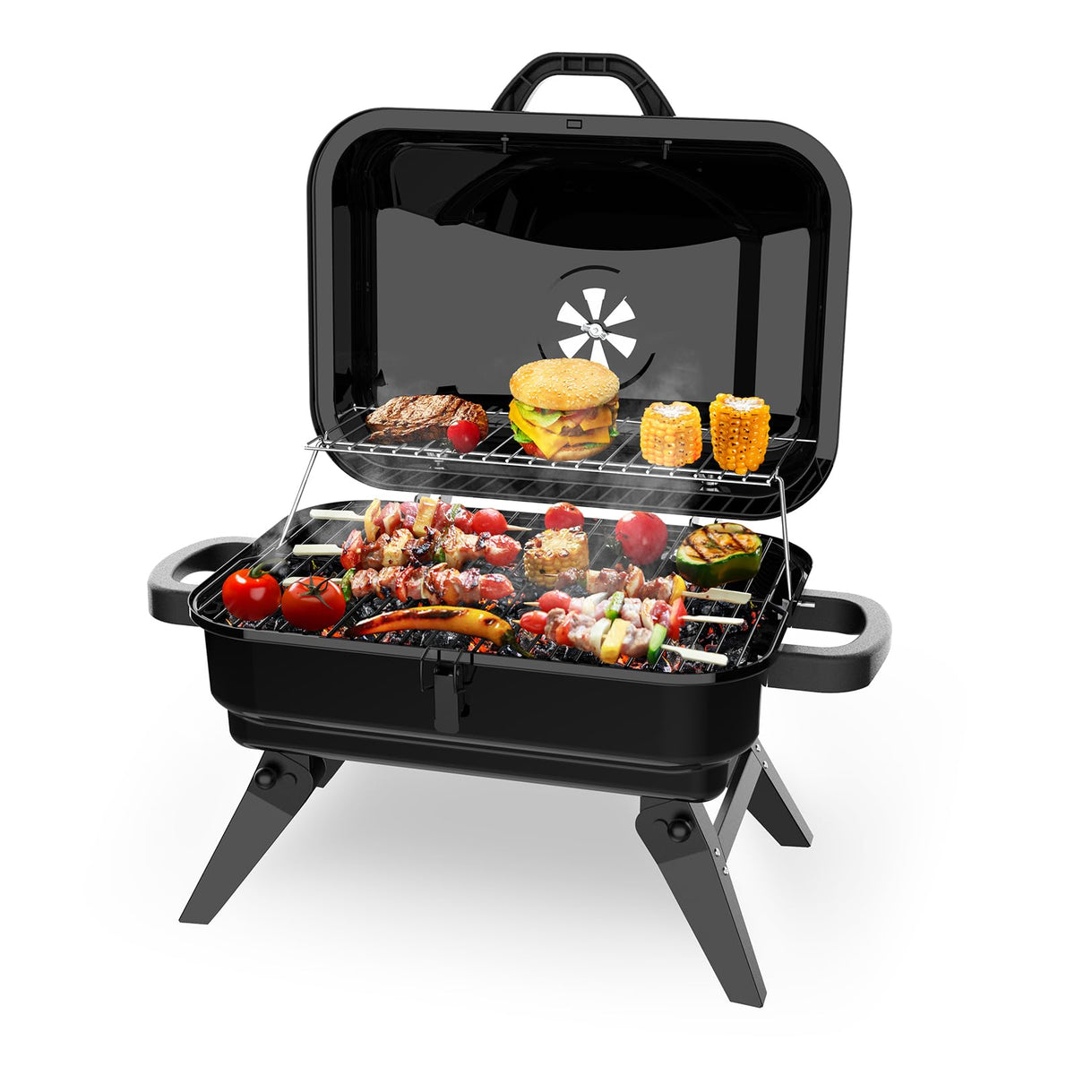 BBQCuker front view showing compact tabletop grill and cooking space benefit