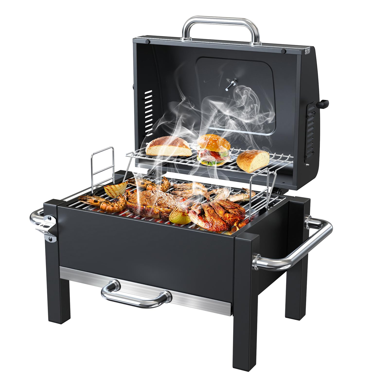 BBQCuker front view showing warming rack and durable stainless-steel finish for easy serving