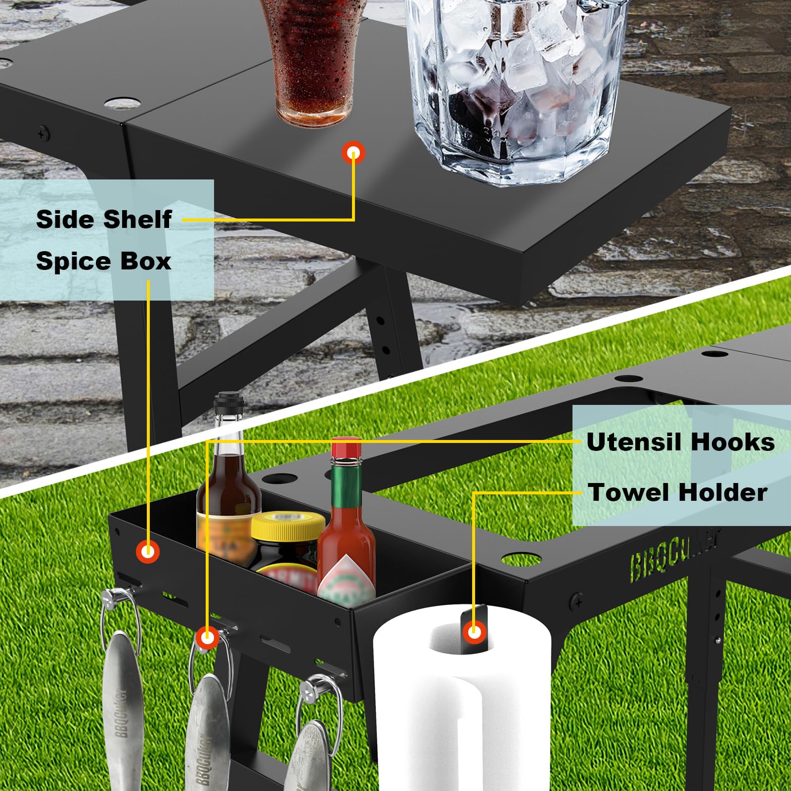 BBQCuker adjustable legs showing three-level height setting for versatile use