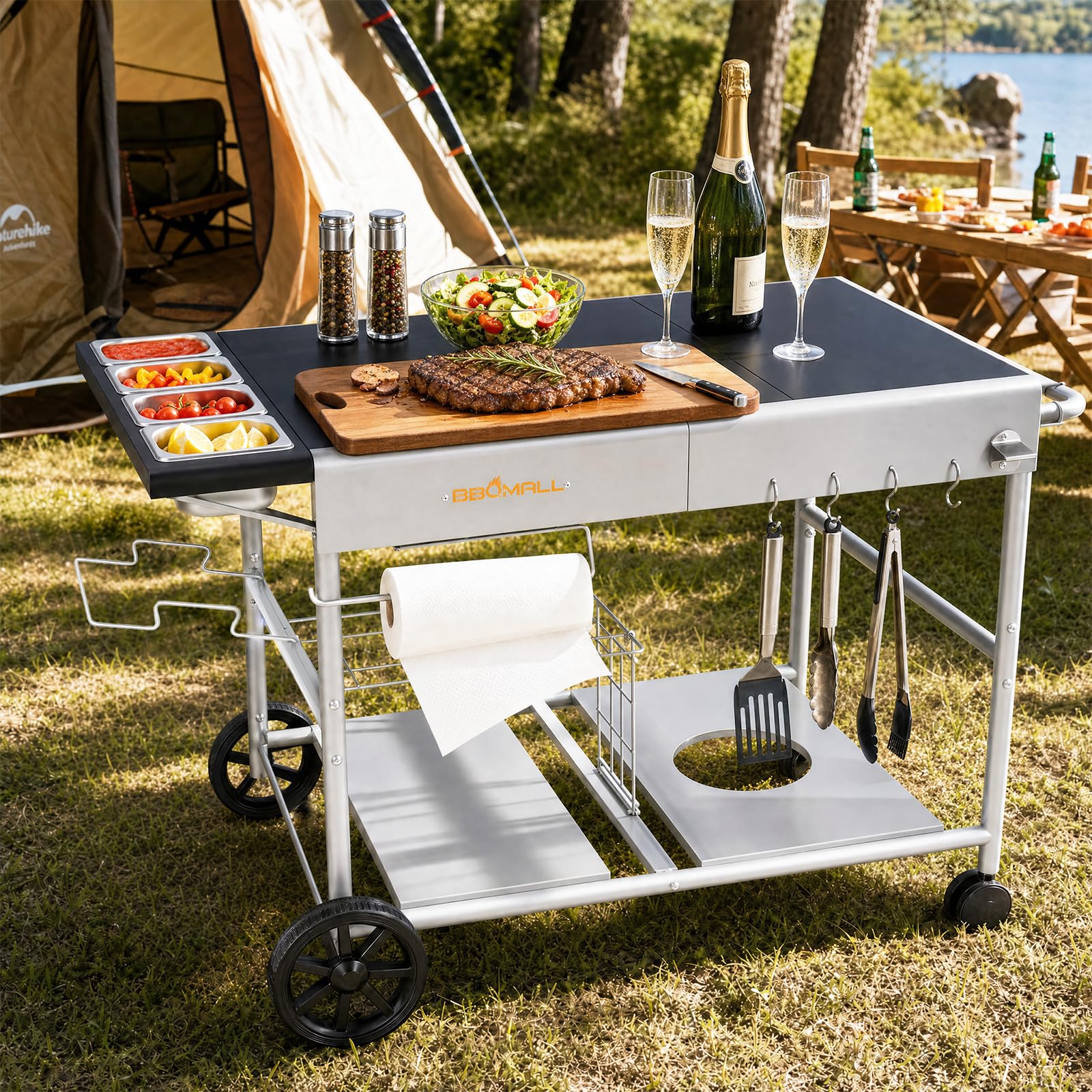 BBQMall dimensions and scale with measuring tape showing tabletop cart size