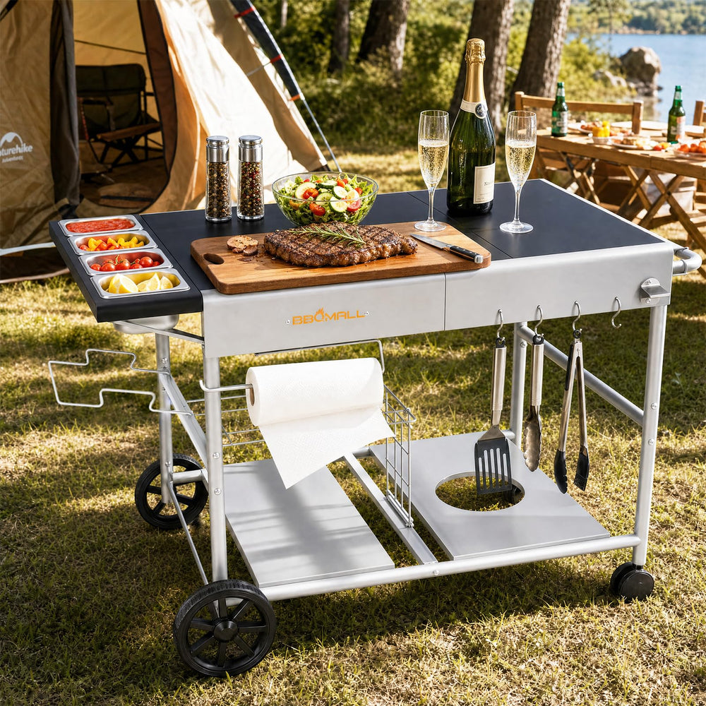 BBQMall dimensions and scale with measuring tape showing tabletop cart size