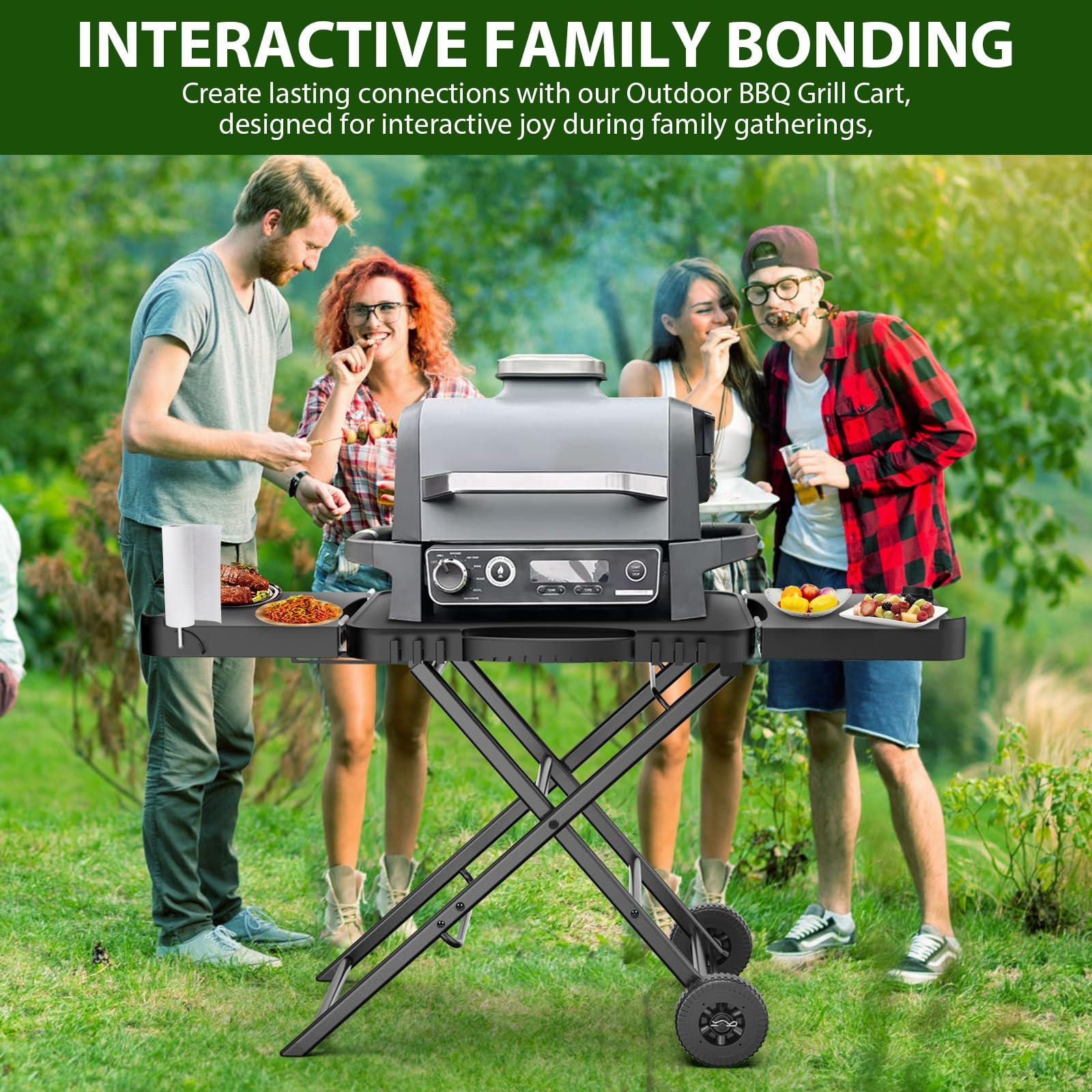 BBQMall cart in campsite setup holding Ninja Woodfire and prepping meals outdoors