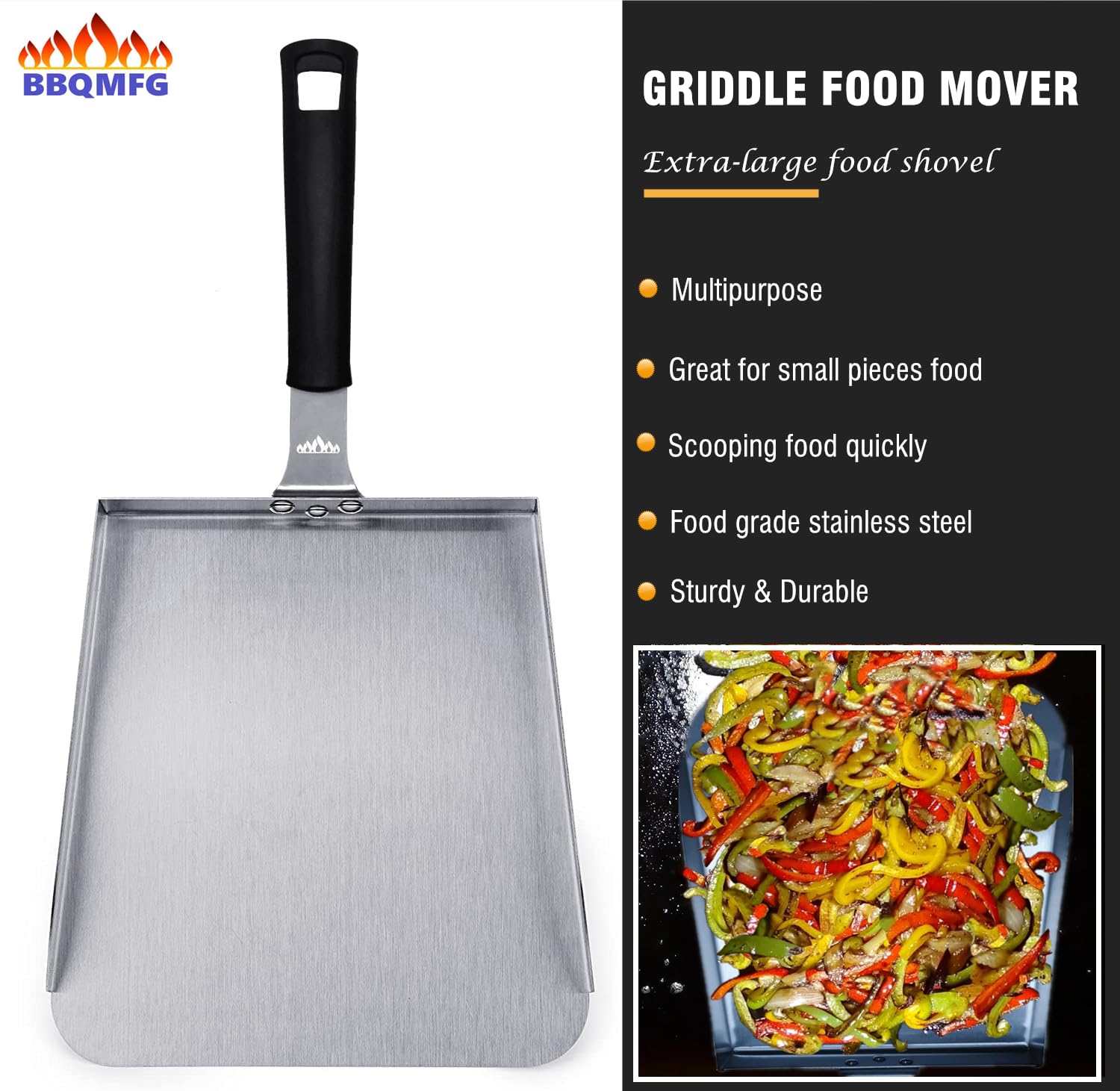 BBQMFG straight shank scraper action clearing griddle surface efficiently