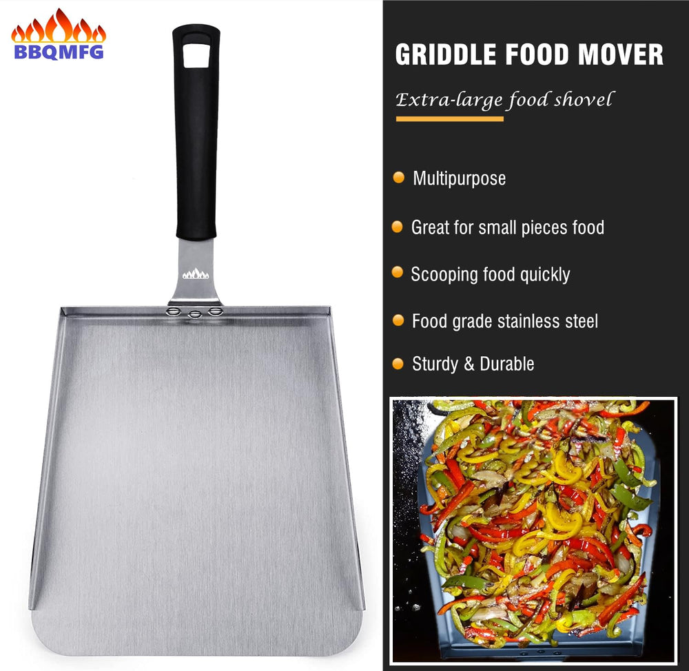 BBQMFG straight shank scraper action clearing griddle surface efficiently