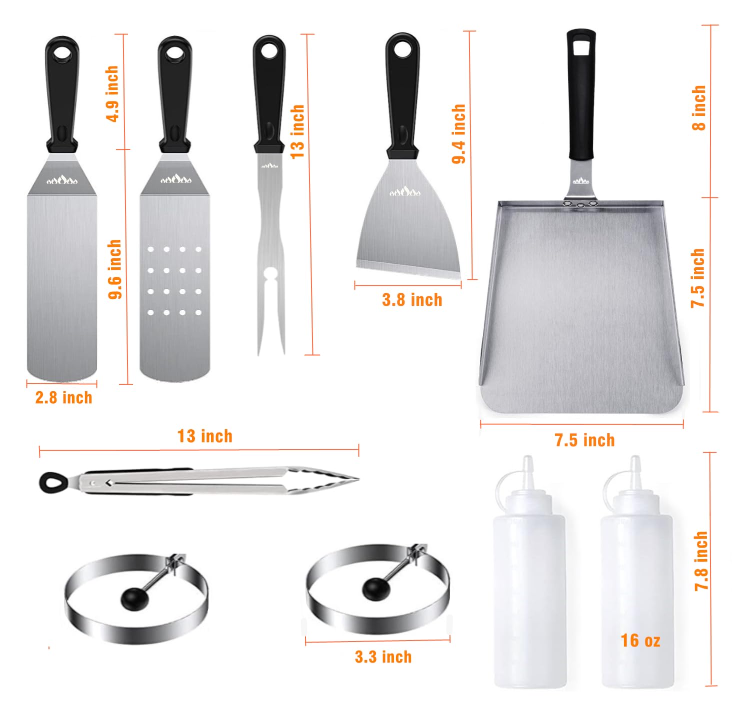 BBQMFG spatula closeup demonstrating thick stainless steel for strong flipping