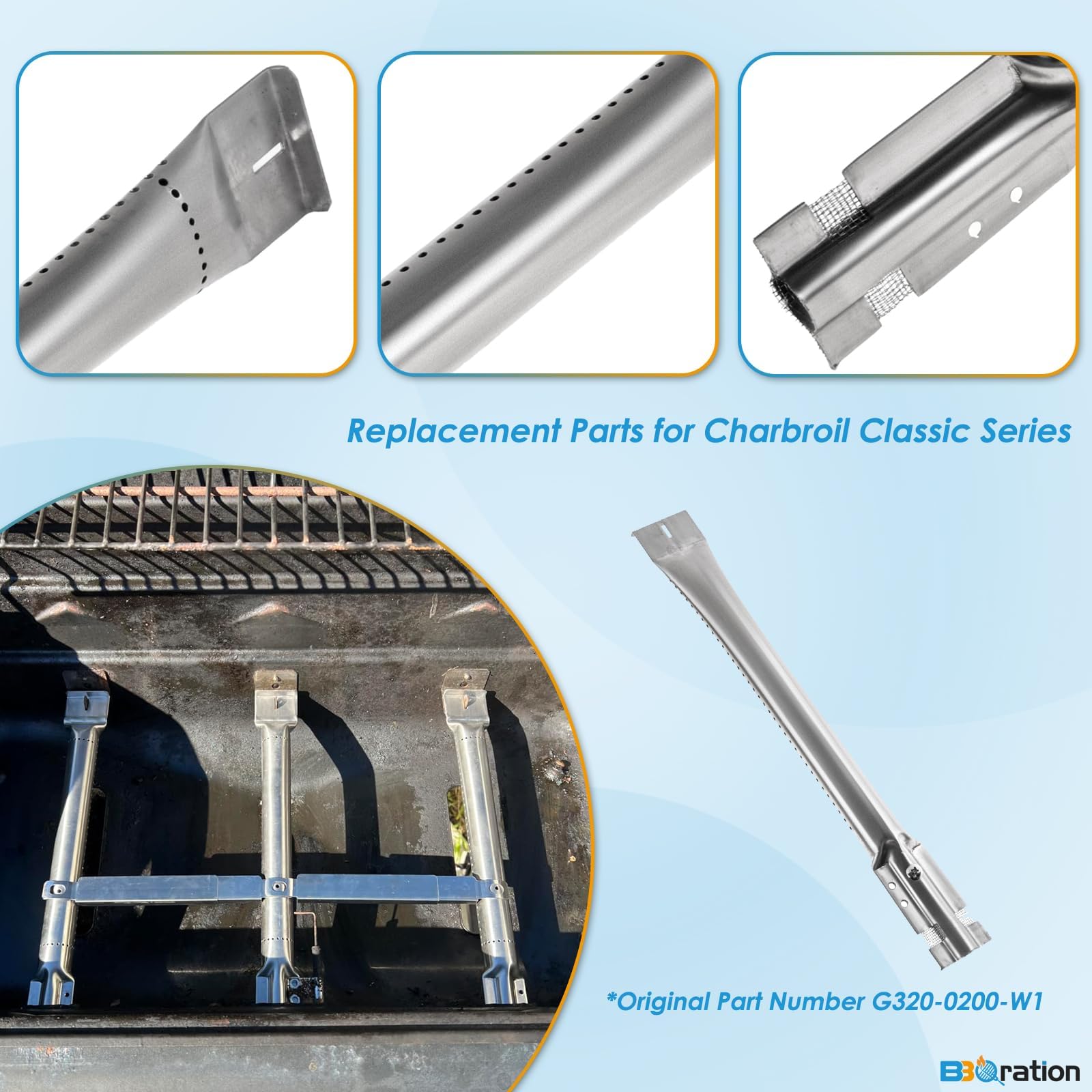 BBQration crossover tube extended to show adjustable 5 to 9.5 inch length for manifold fit