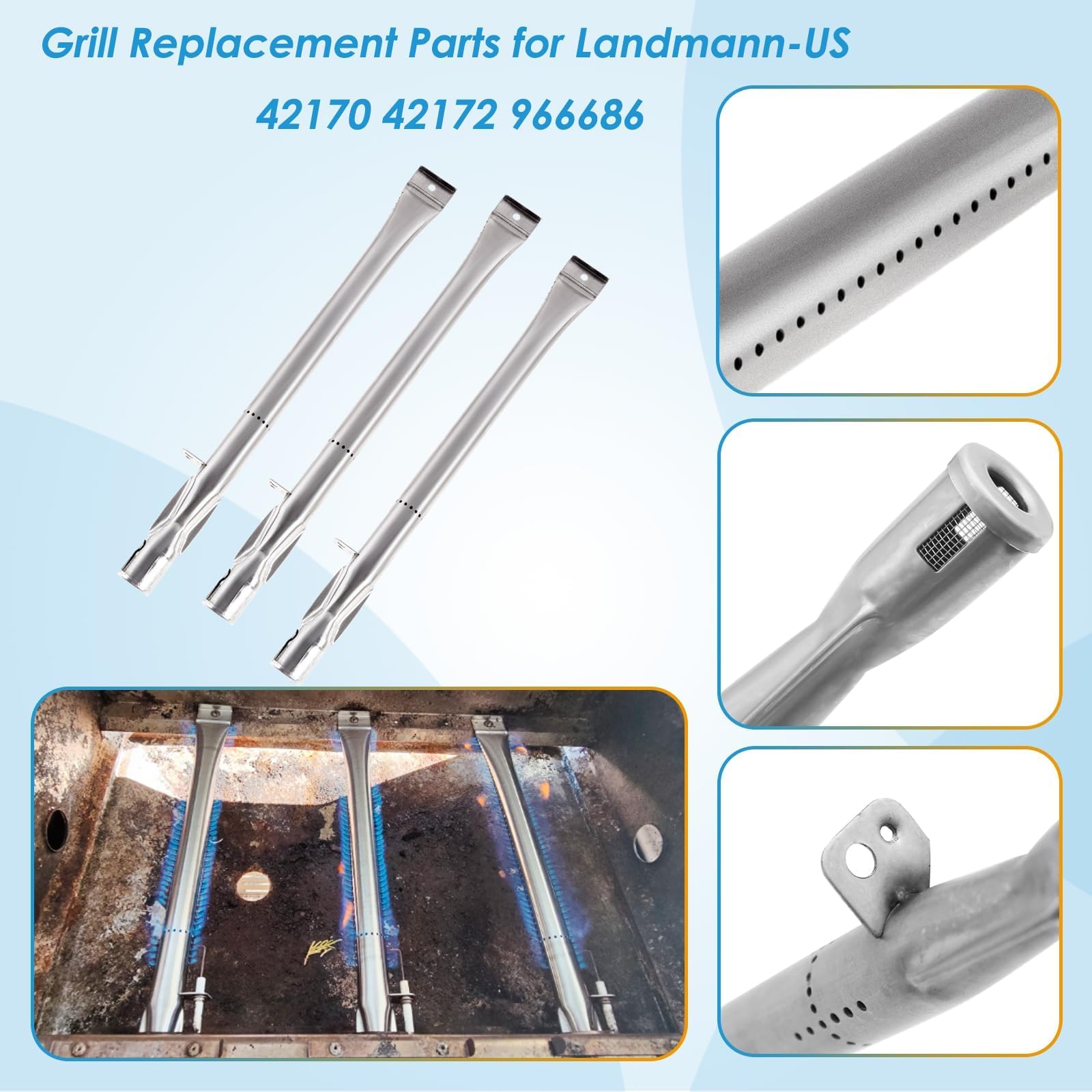 BBQration detailed shot of stainless-steel burner tube ports, even flame distribution