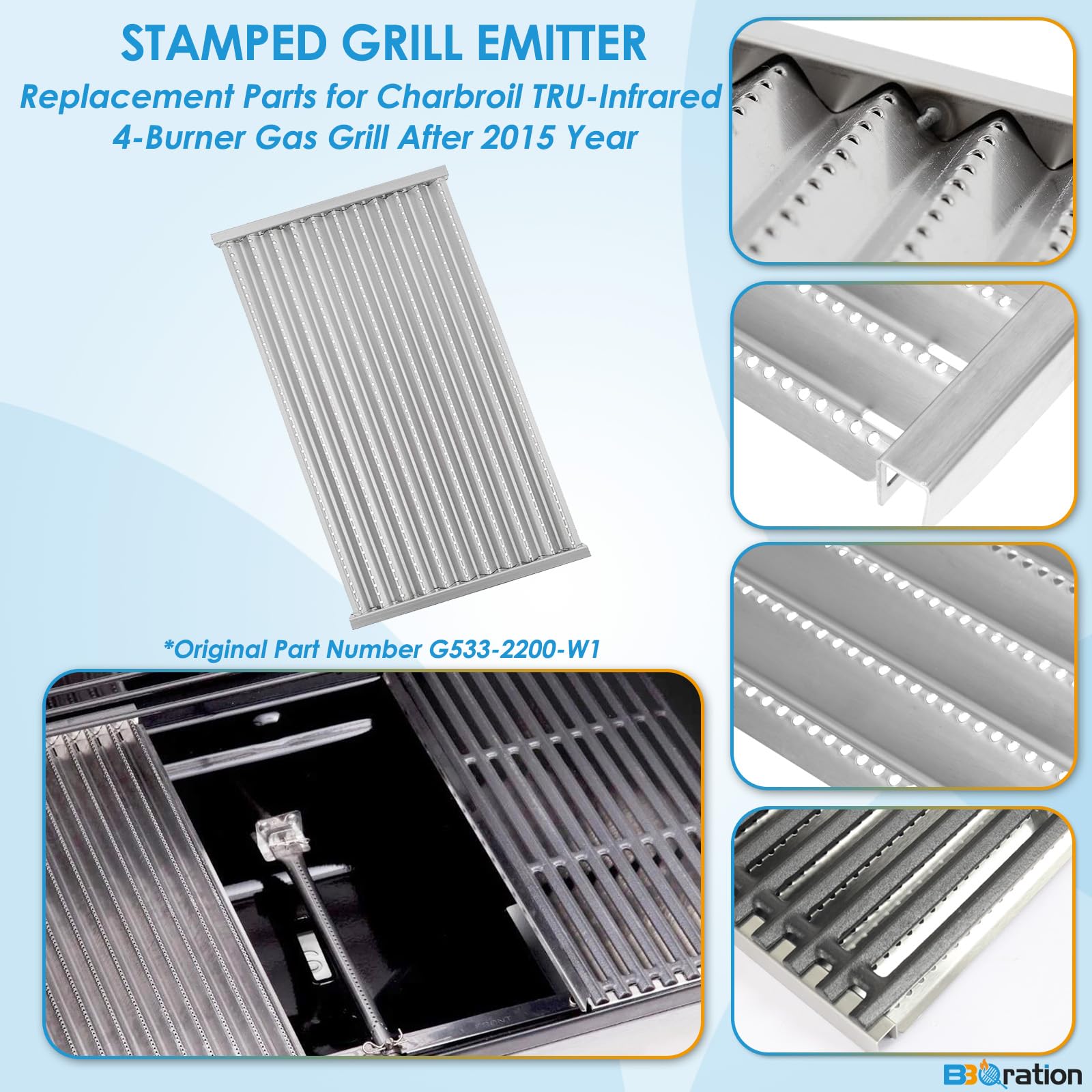 BBQration emitter installed in Charbroil grill demonstrating even heat