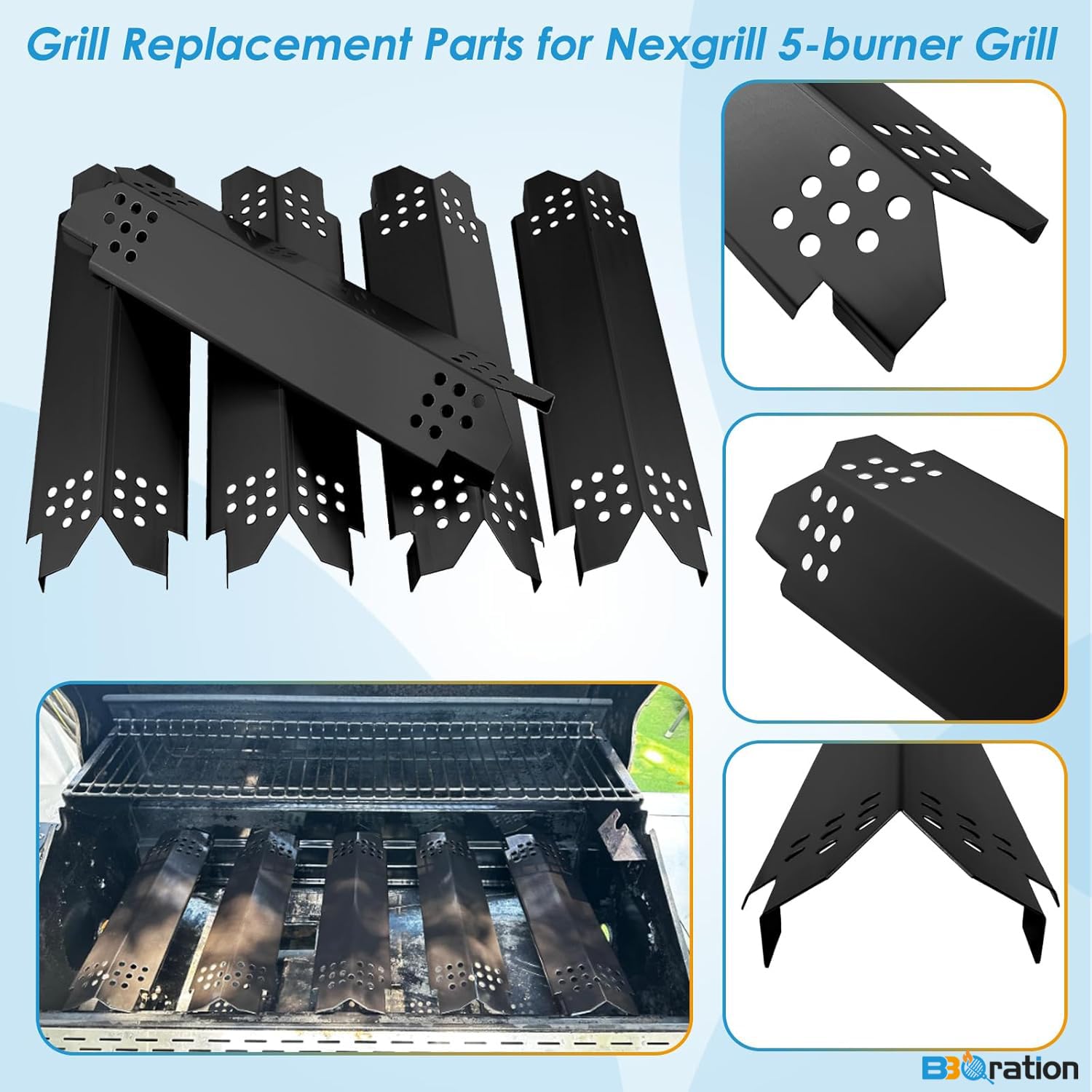 BBQration heat plate profile showing fit and burner protection benefit