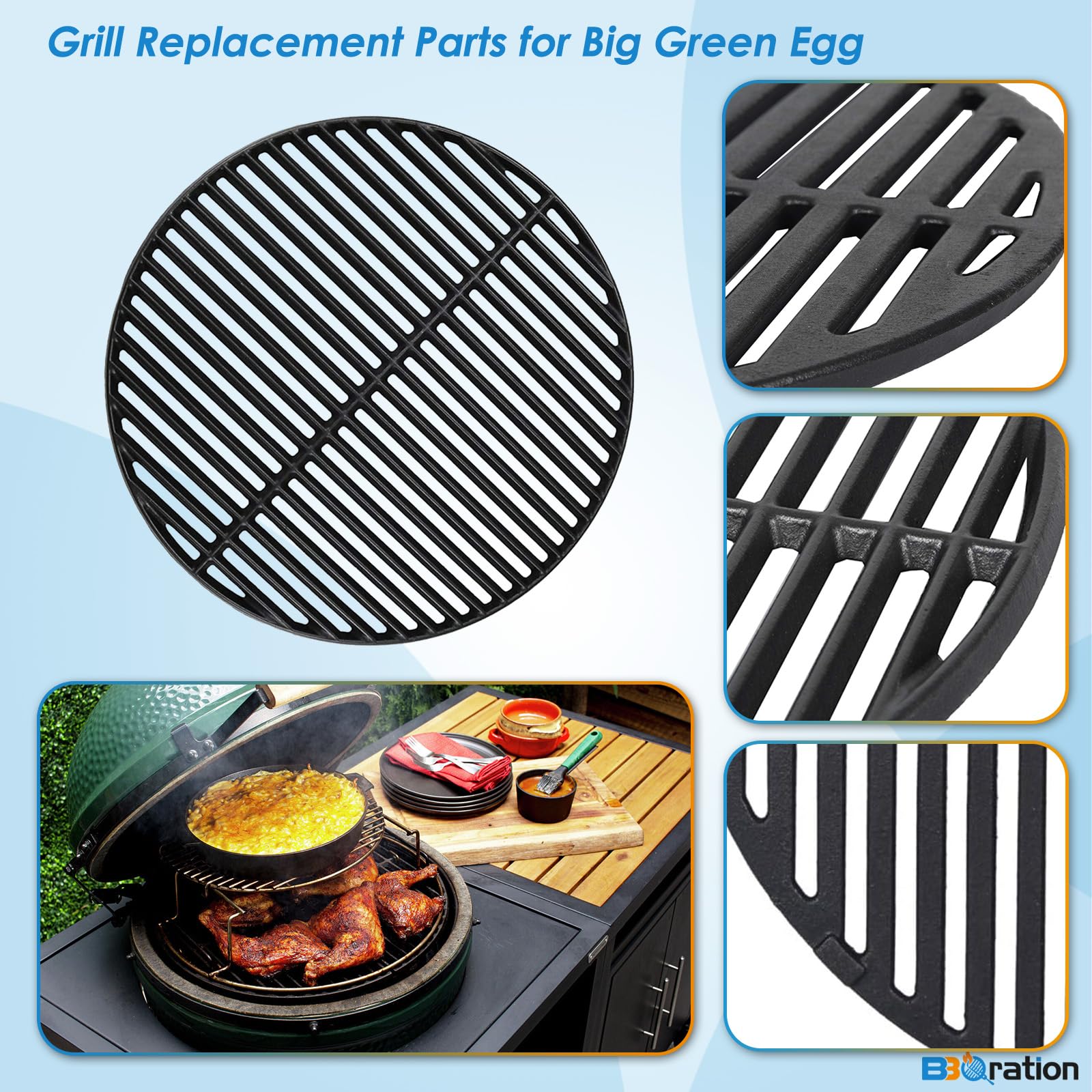 BBQration cooking grate installed in kamado grill showing improved searing benefit