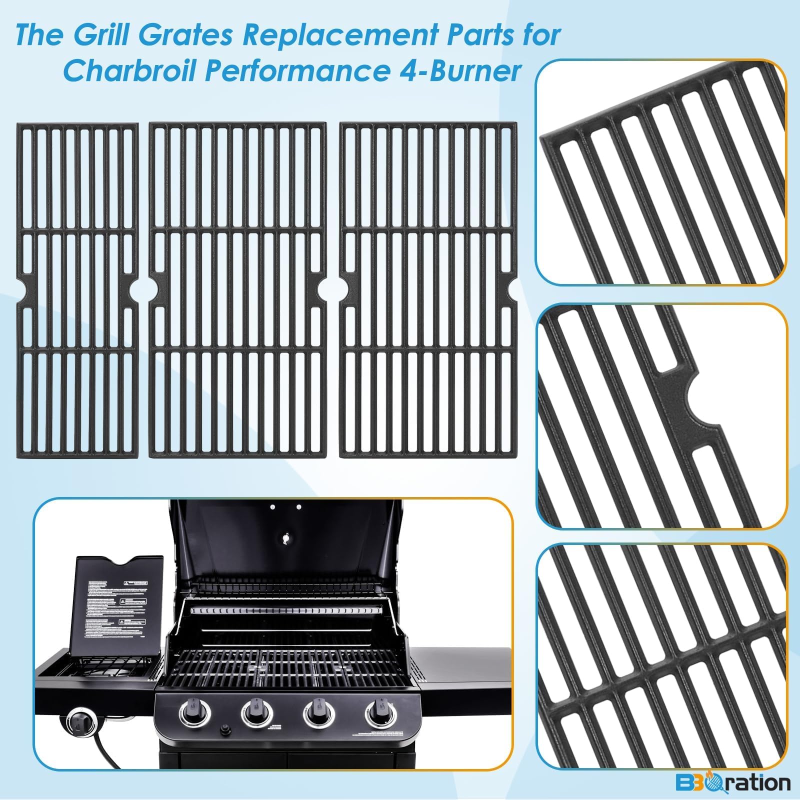 BBQration narrow center grate displayed separately to show exact 18 1/8 by 6 1/2 inch fit