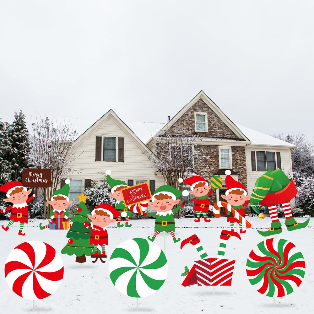 BBTO lifestyle porch scene with elf yard signs adding seasonal charm to entryway