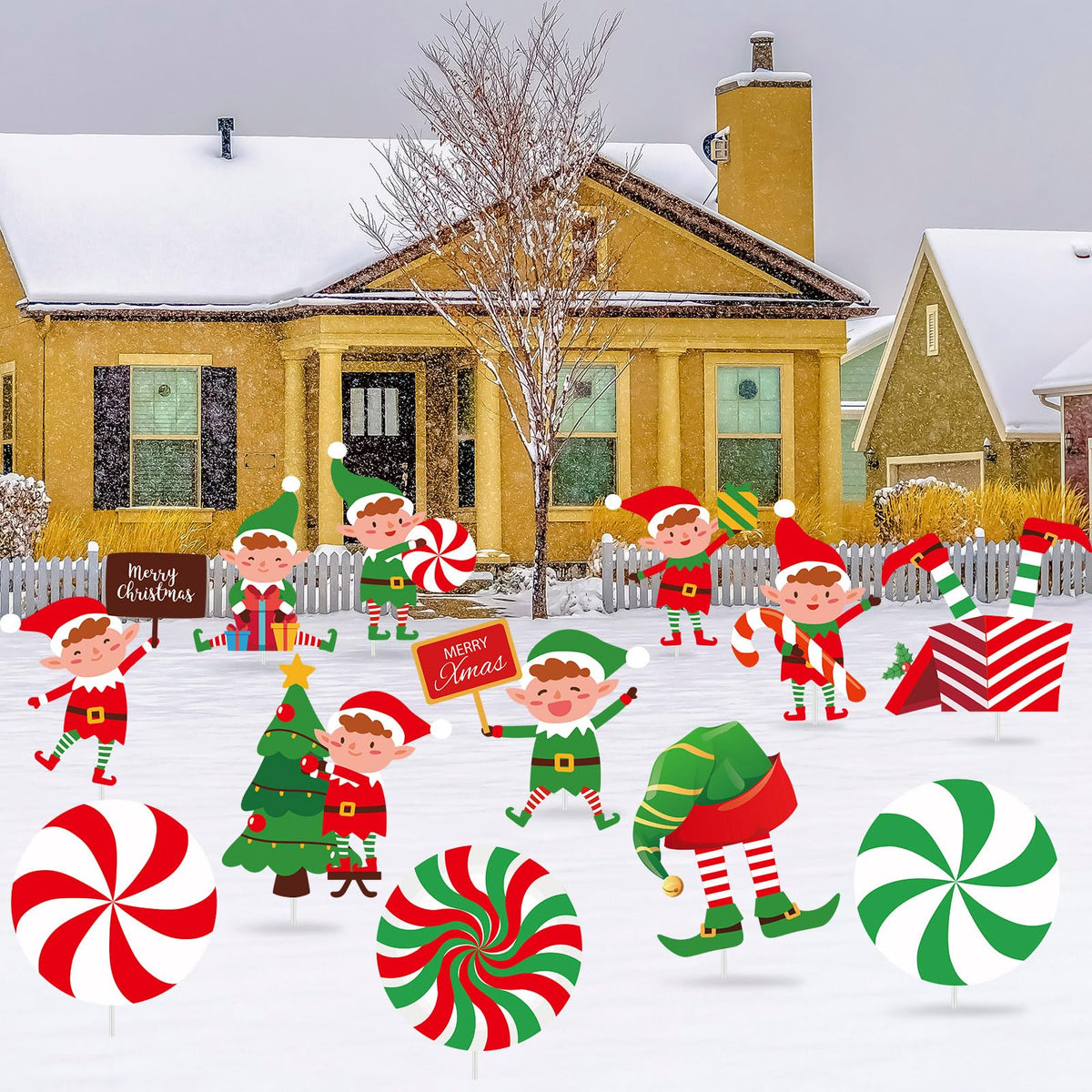 BBTO front view of twelve elf yard signs showing festive designs and visibility