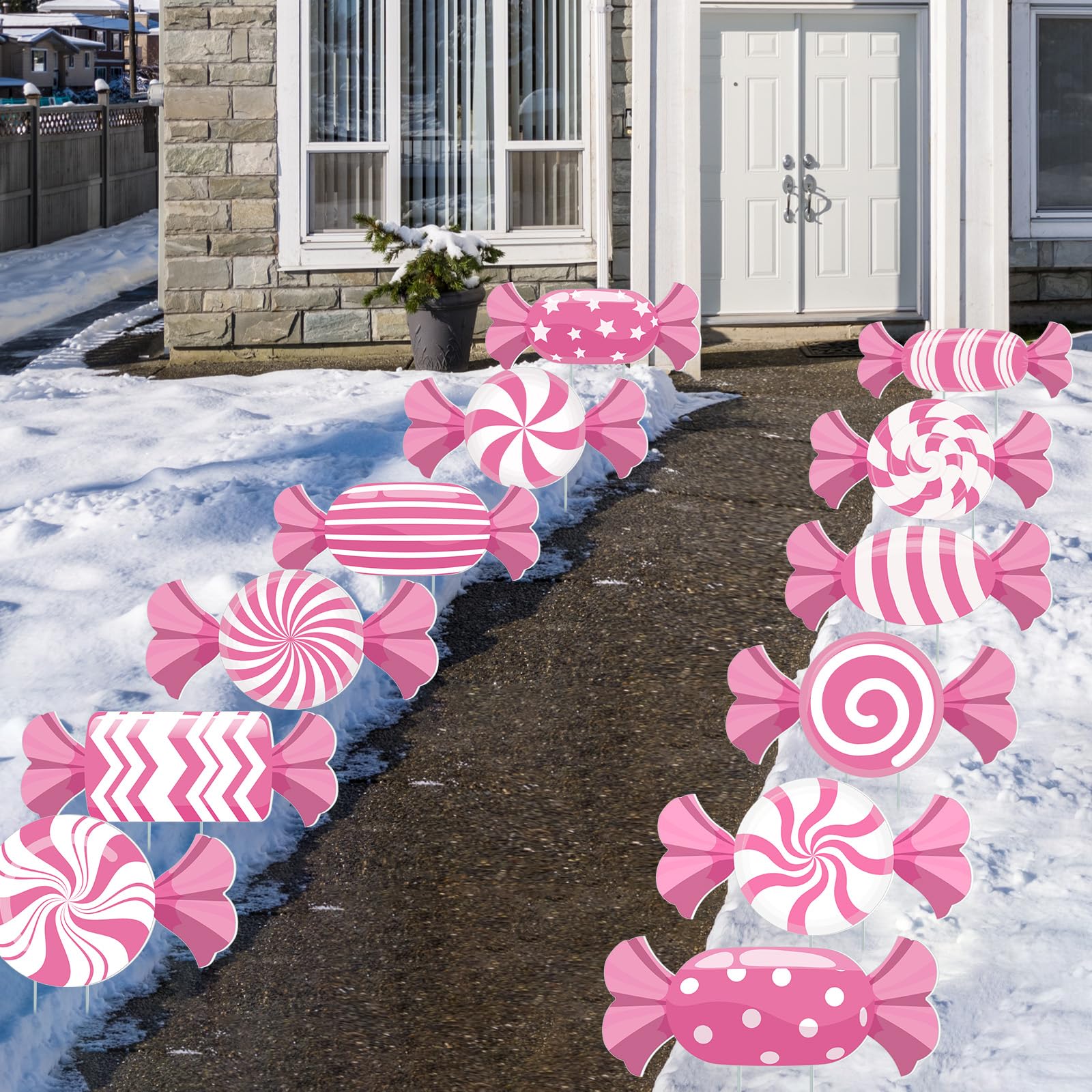 BBTO front view of candy yard signs showing bright pink festive appeal