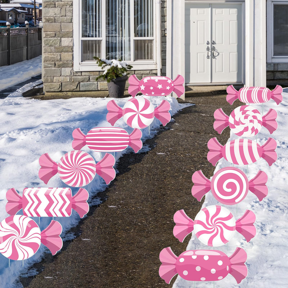 BBTO front view of candy yard signs showing bright pink festive appeal