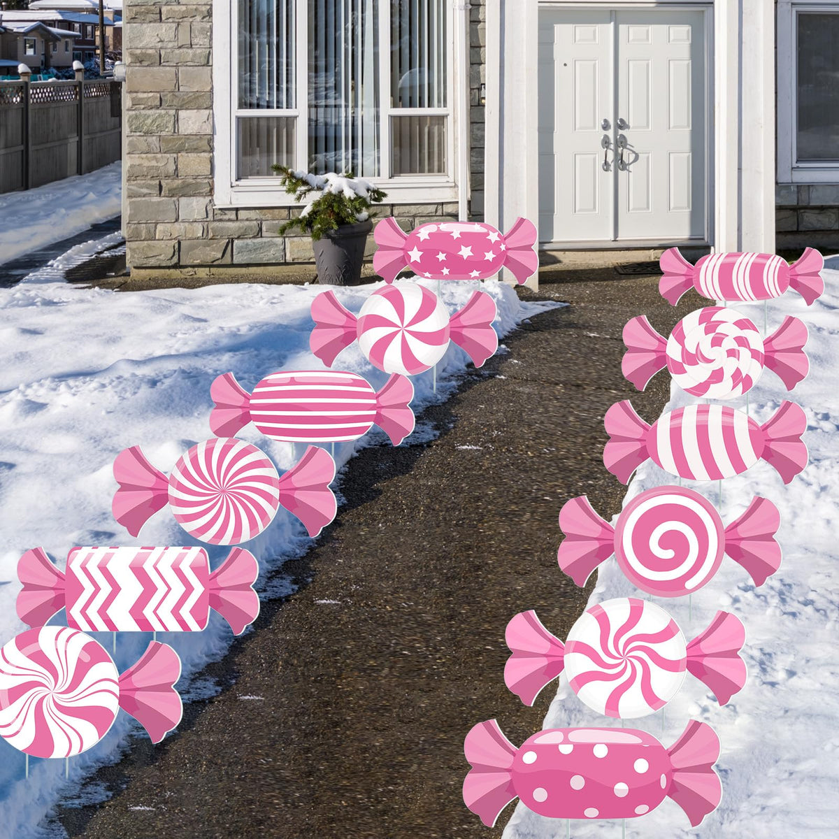 BBTO front view of candy yard signs showing bright pink festive appeal