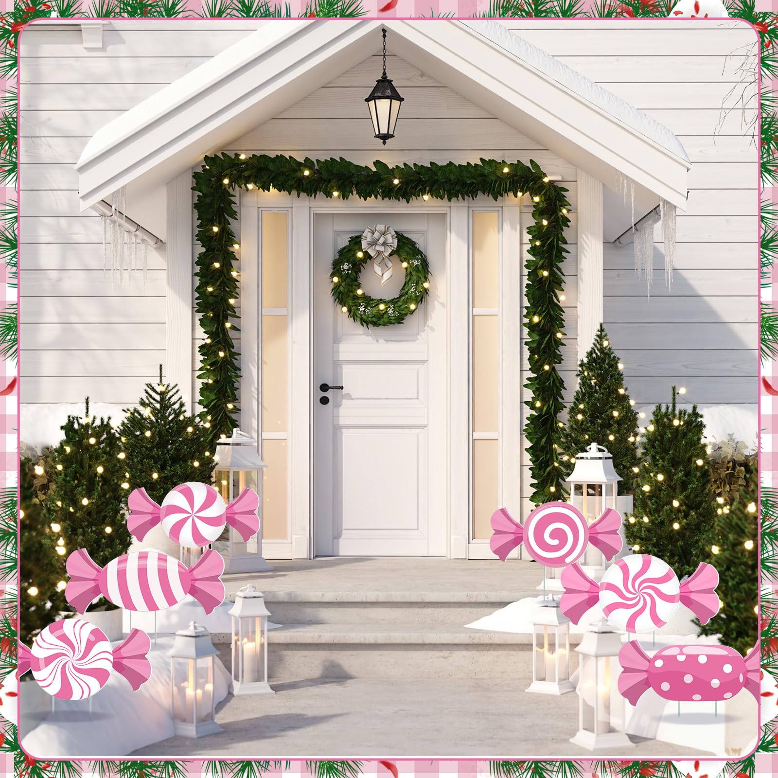 BBTO porch display with candy signs creating a welcoming holiday scene