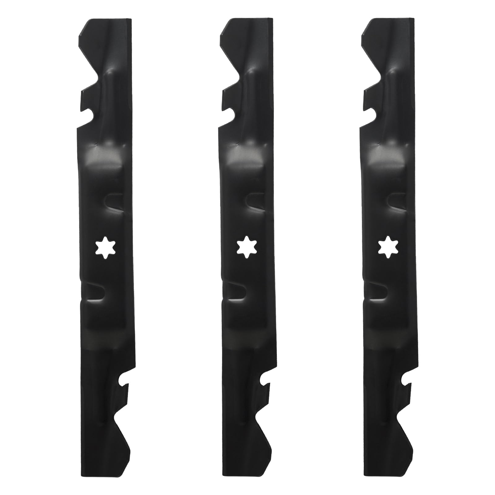 BCQNXX front view of three mulching blades showing fit and finish, restores clean cuts