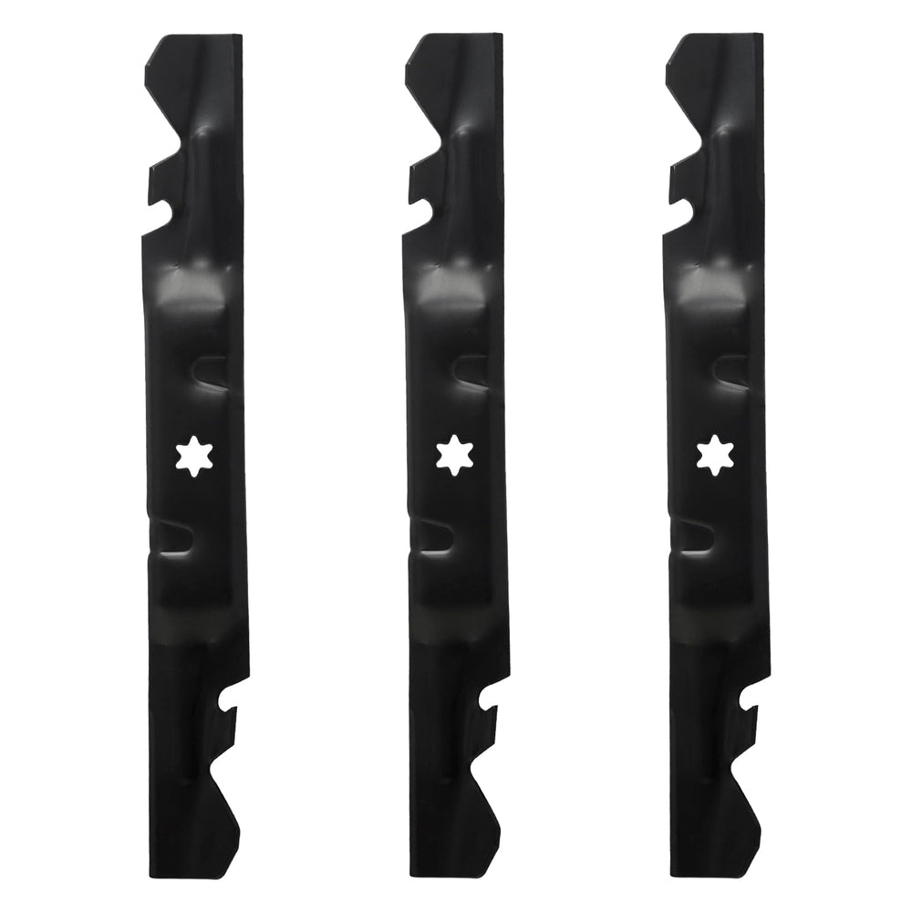 BCQNXX front view of three mulching blades showing fit and finish, restores clean cuts