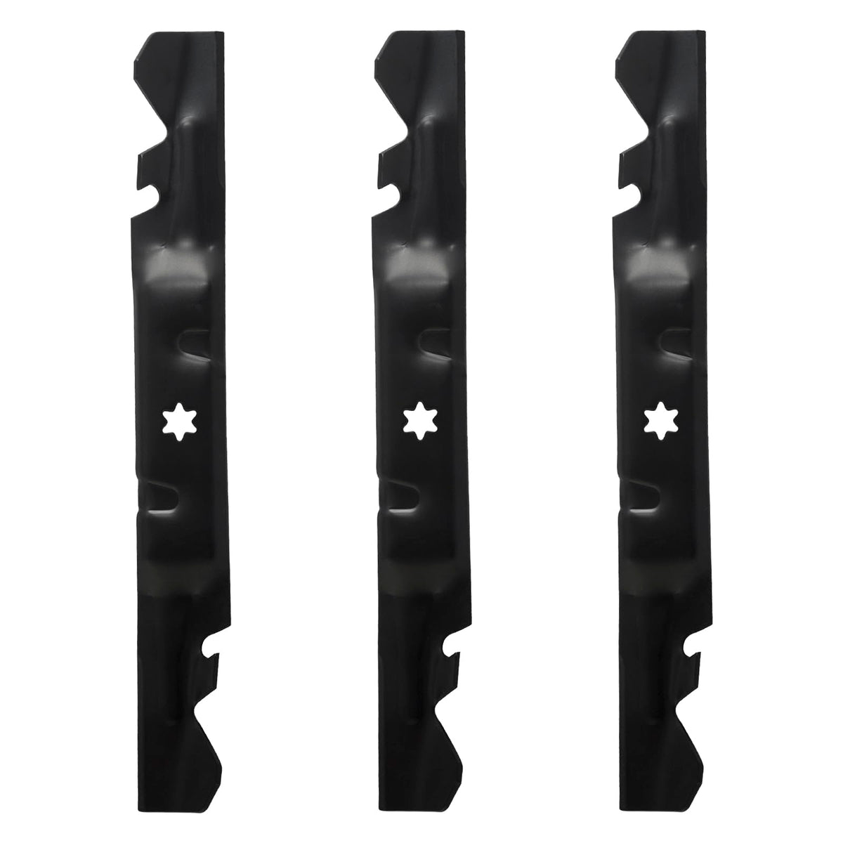 BCQNXX front view of three mulching blades showing fit and finish, restores clean cuts