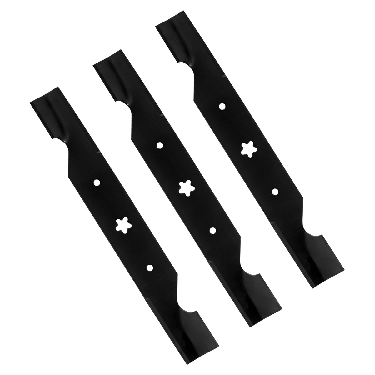 BCQNXX front view of 3-pack high lift blades showing fit for 54-inch decks and reliability