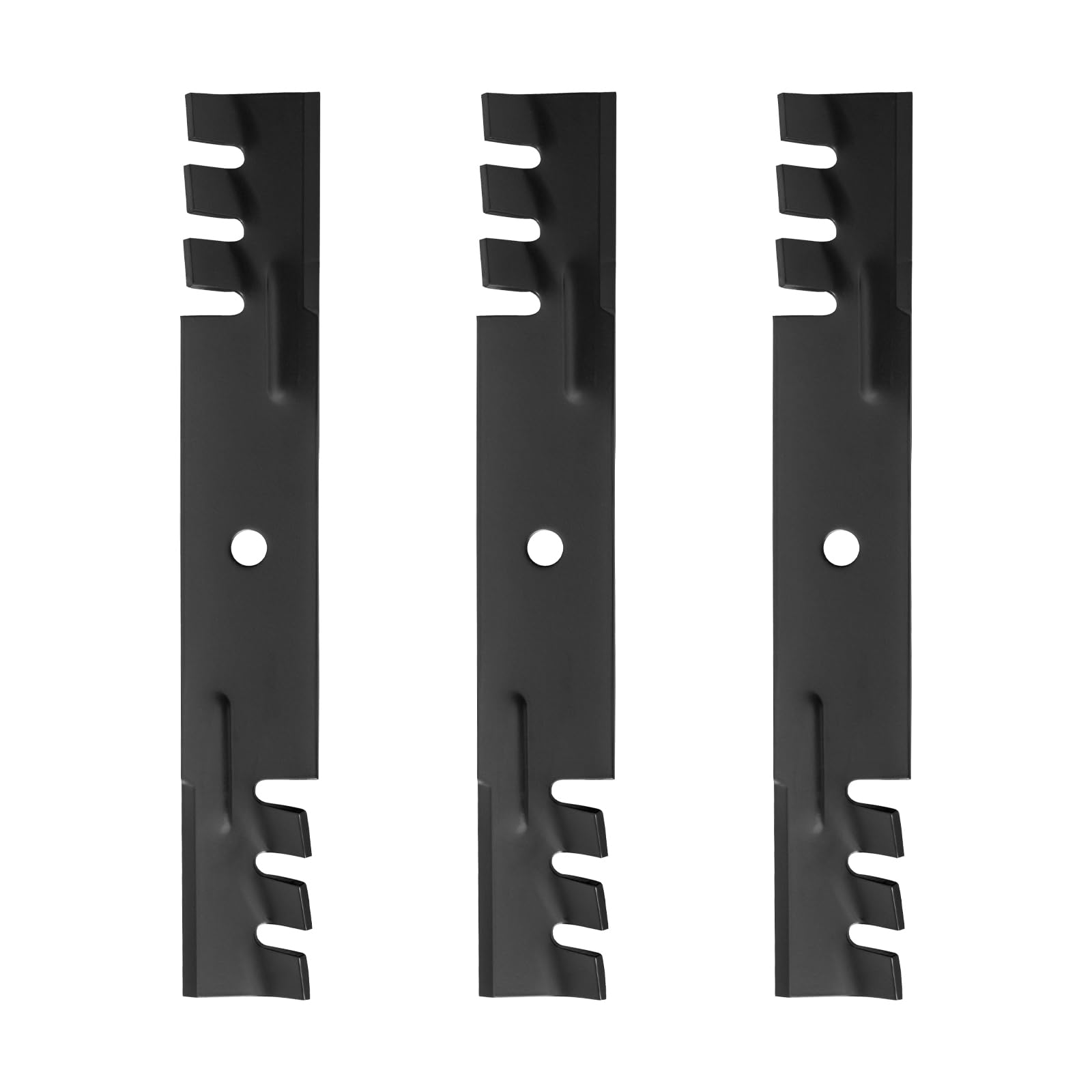 BCQNXX front view of three mulching blades showing fit and finish benefit