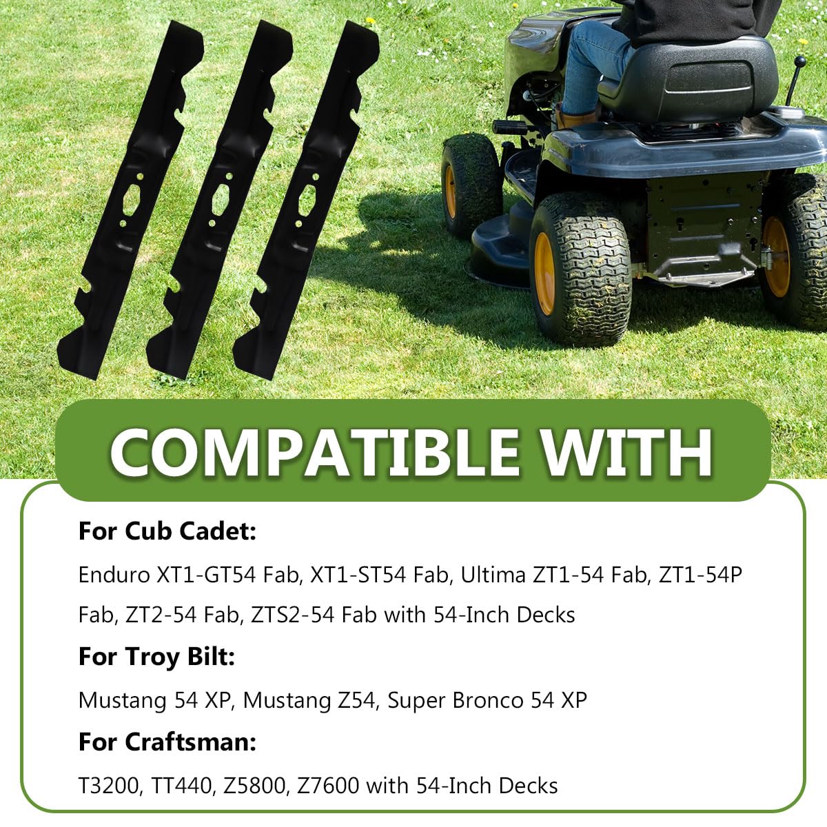 BCQNXX blades cutting grass in lawn setting showing better mulch distribution and finish