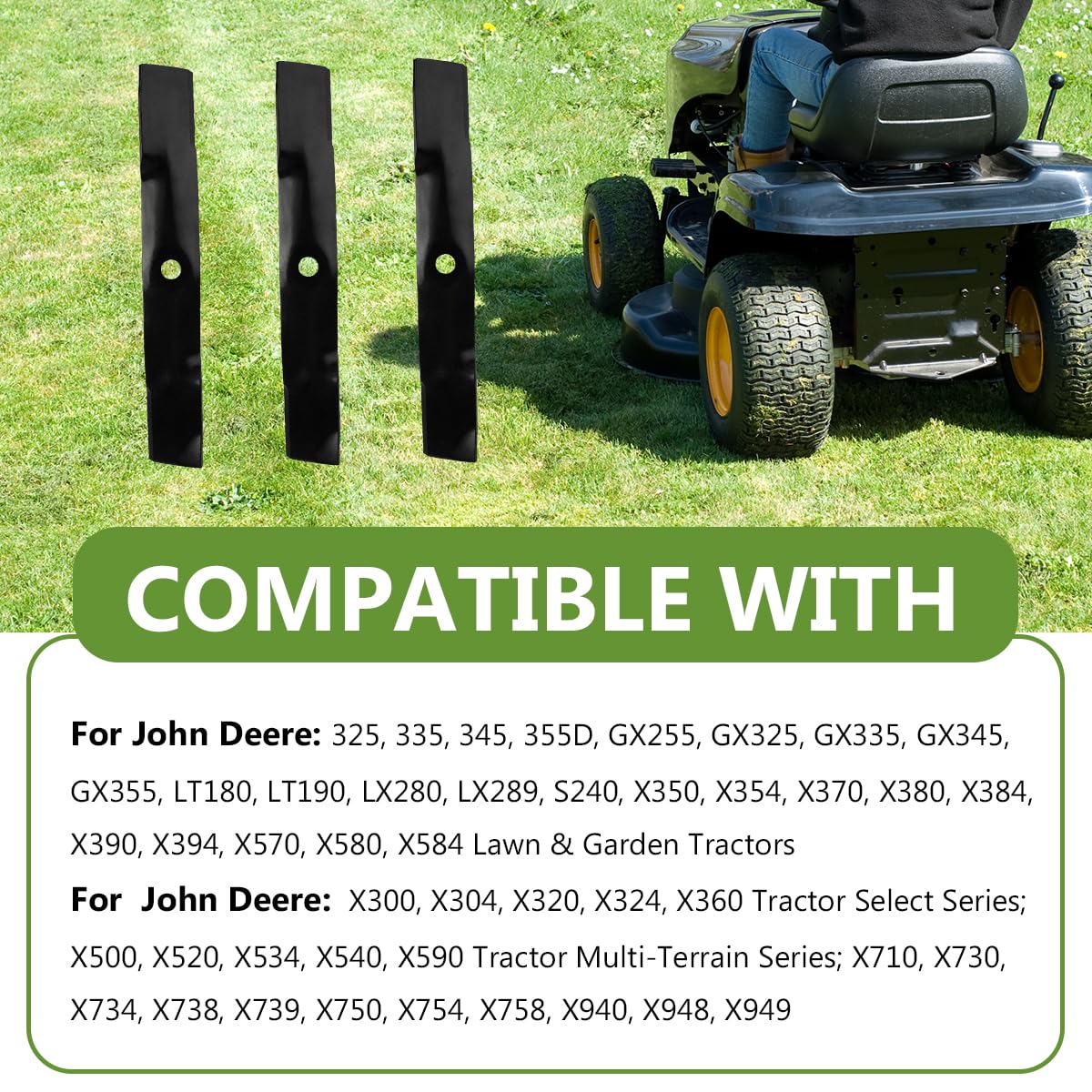 BCQNXX blades on mower cutting grass showing improved discharge and finish