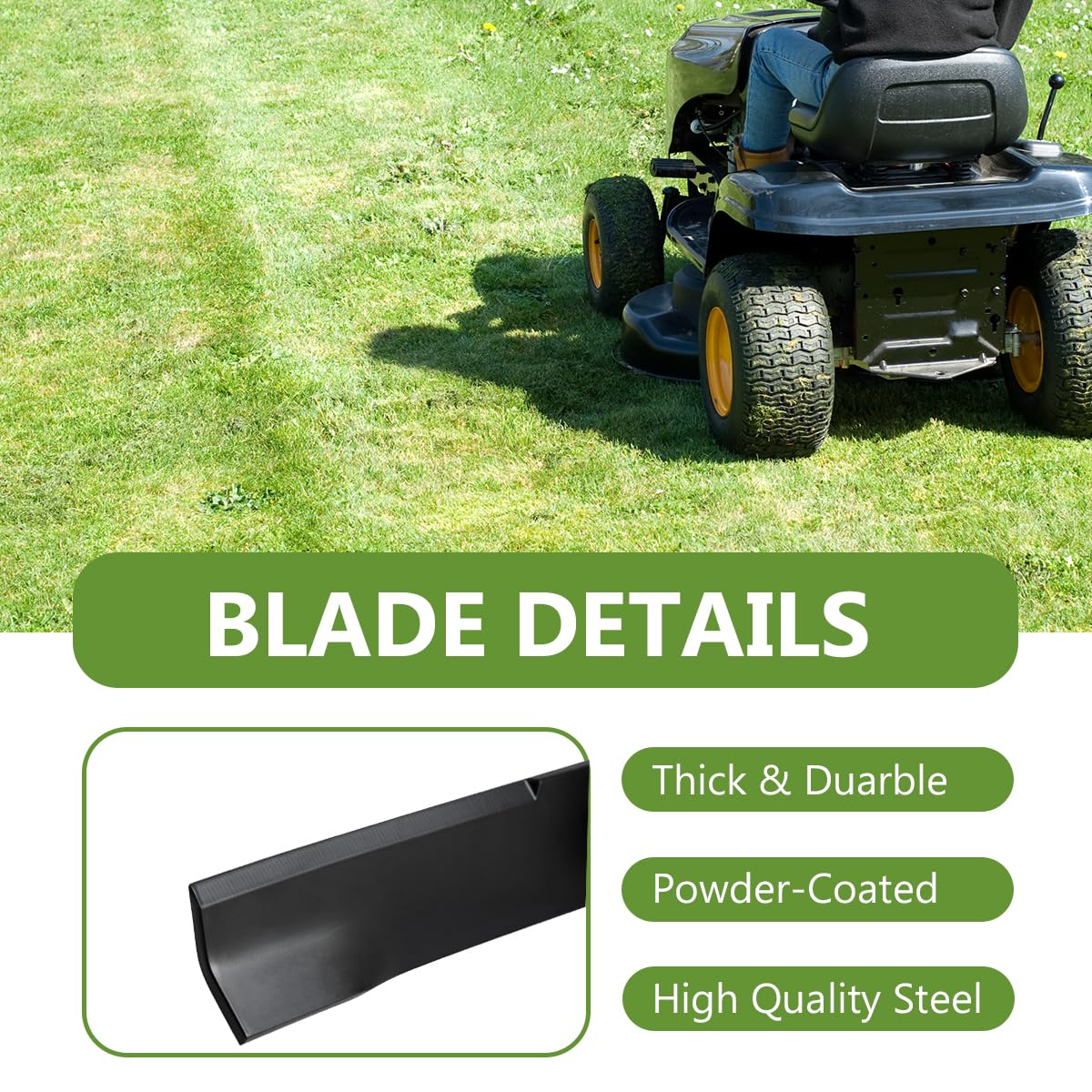 BCQNXX blades on a mower cutting grass in a yard showcasing cleaner bagging and improved finish