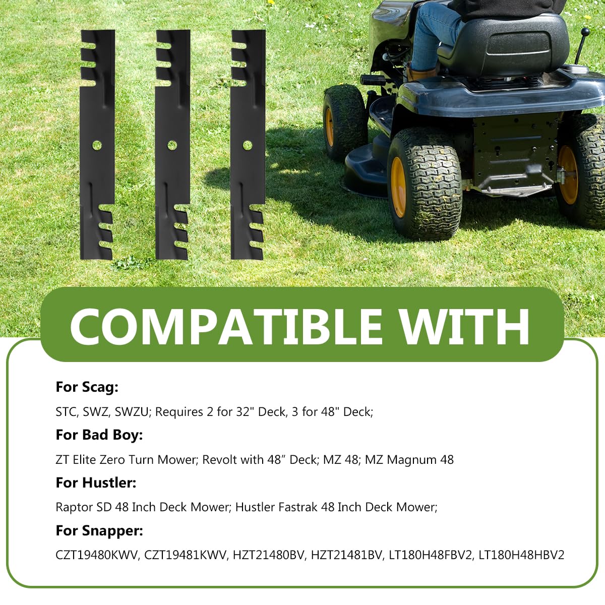 BCQNXX on mower in lawn highlighting tidy clippings and professional finish
