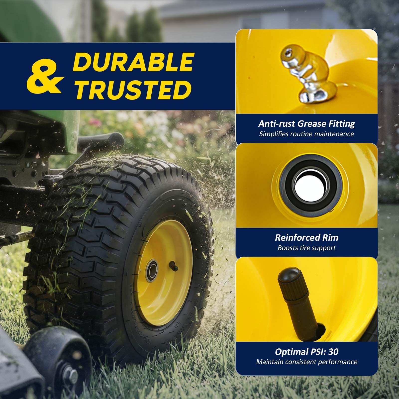 BDELI wheel mounted on a riding mower demonstrating direct replacement