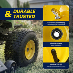 BDELI wheel mounted on a riding mower demonstrating direct replacement