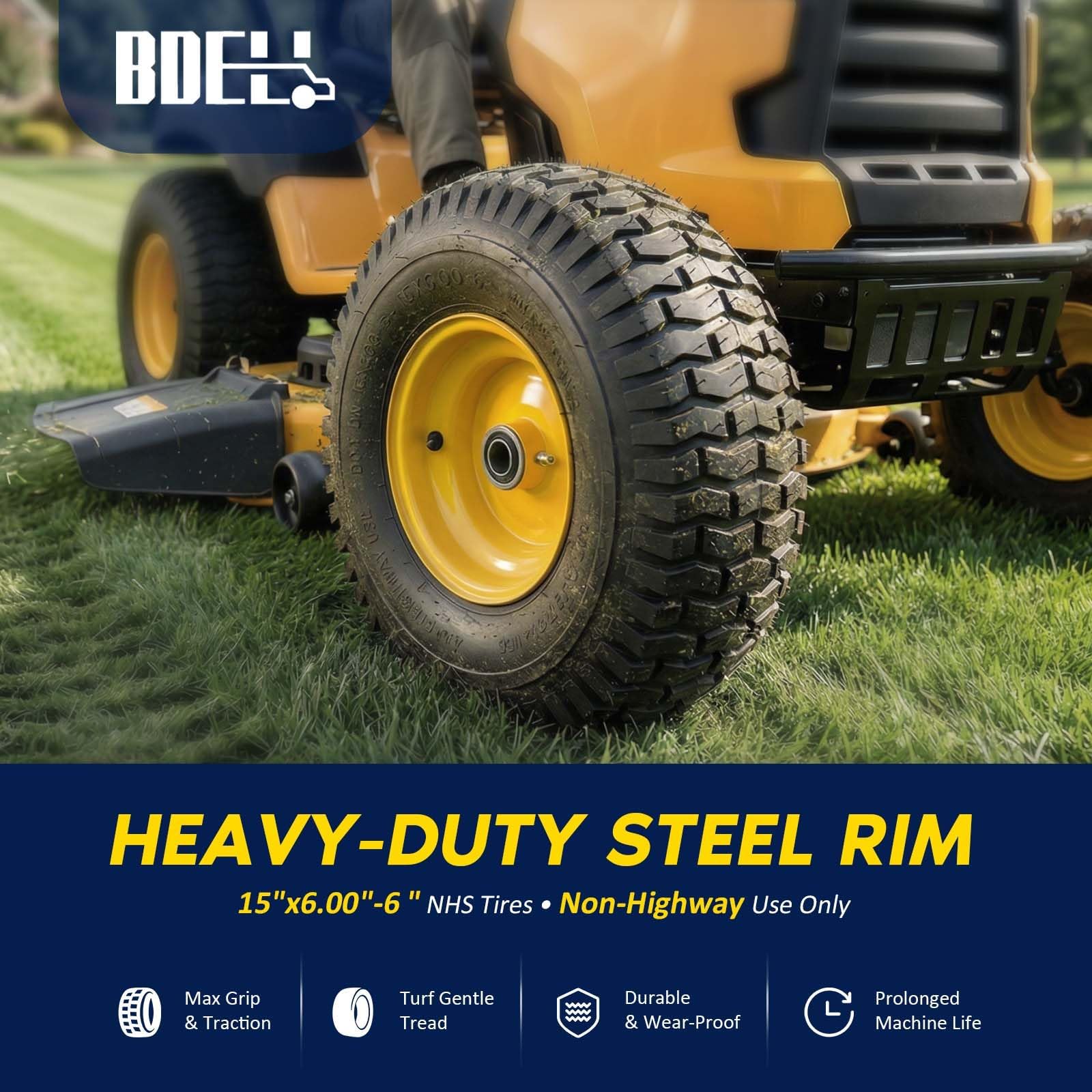 BDELI rim close-up highlighting yellow powder-coat rust resistance