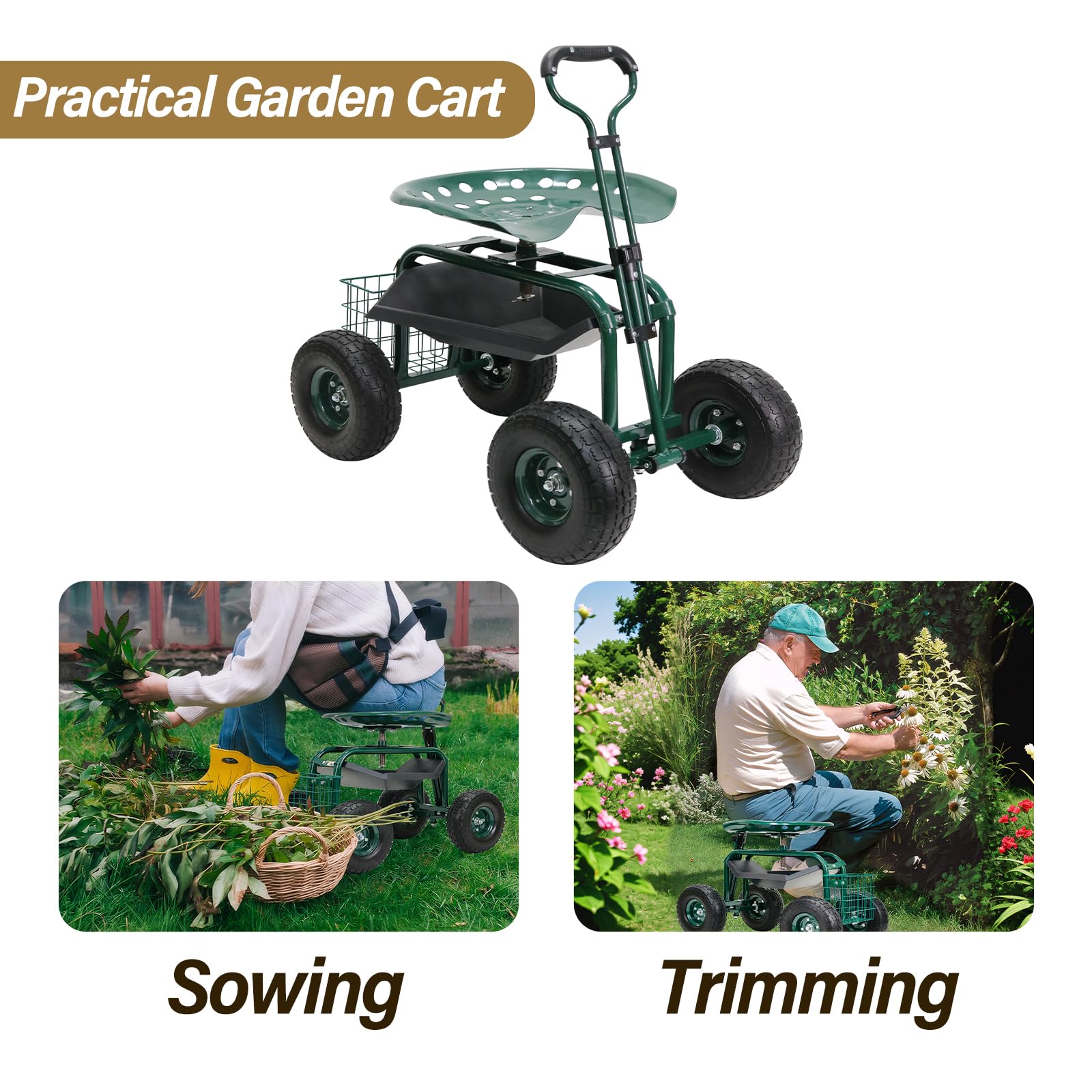 BDL garden cart in use planting flowers illustrating reduced bending and mobility
