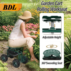 BDL swivel seat close-up highlighting adjustable height for comfortable gardening