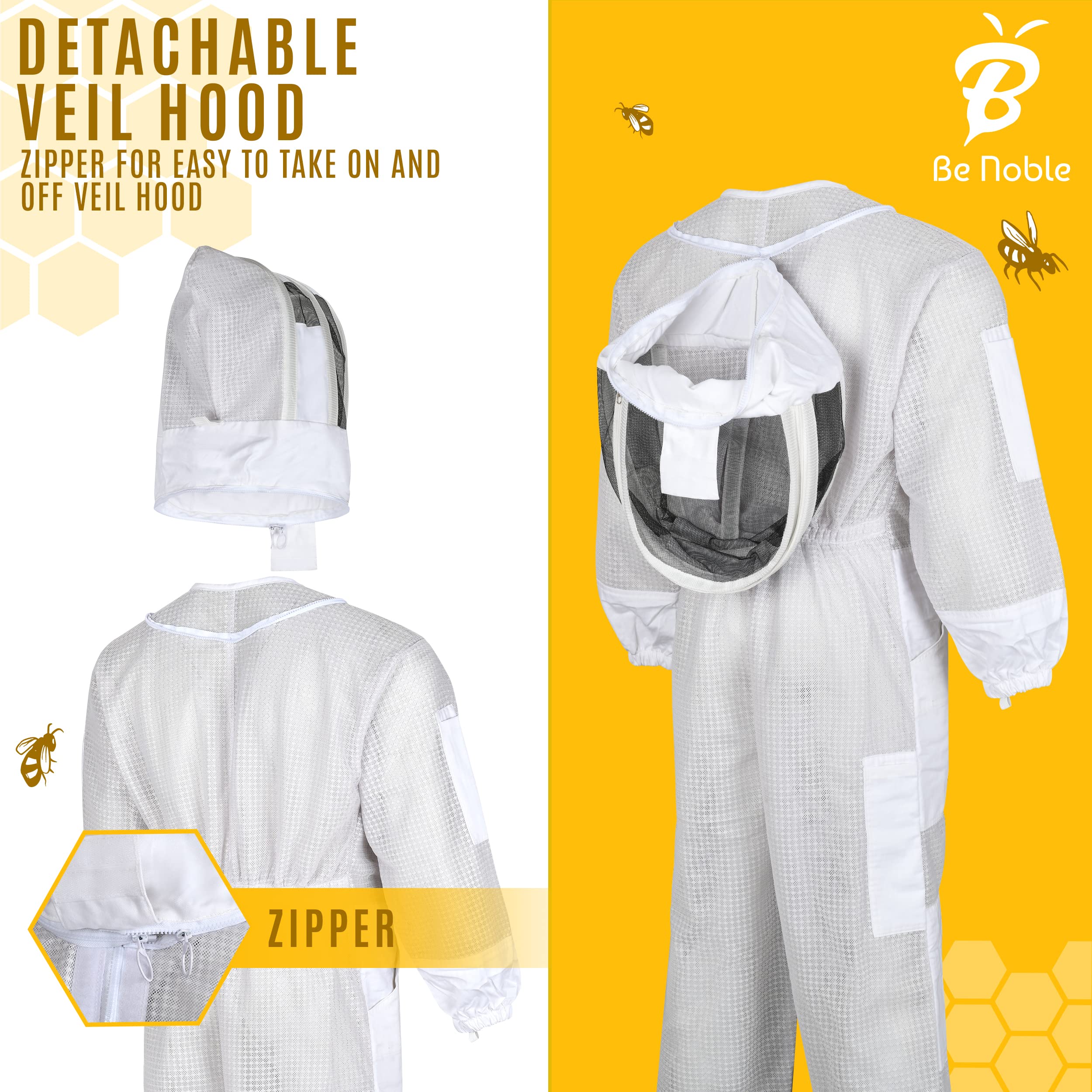 Be Noble suit worn during hive inspection demonstrating mobility and ventilation